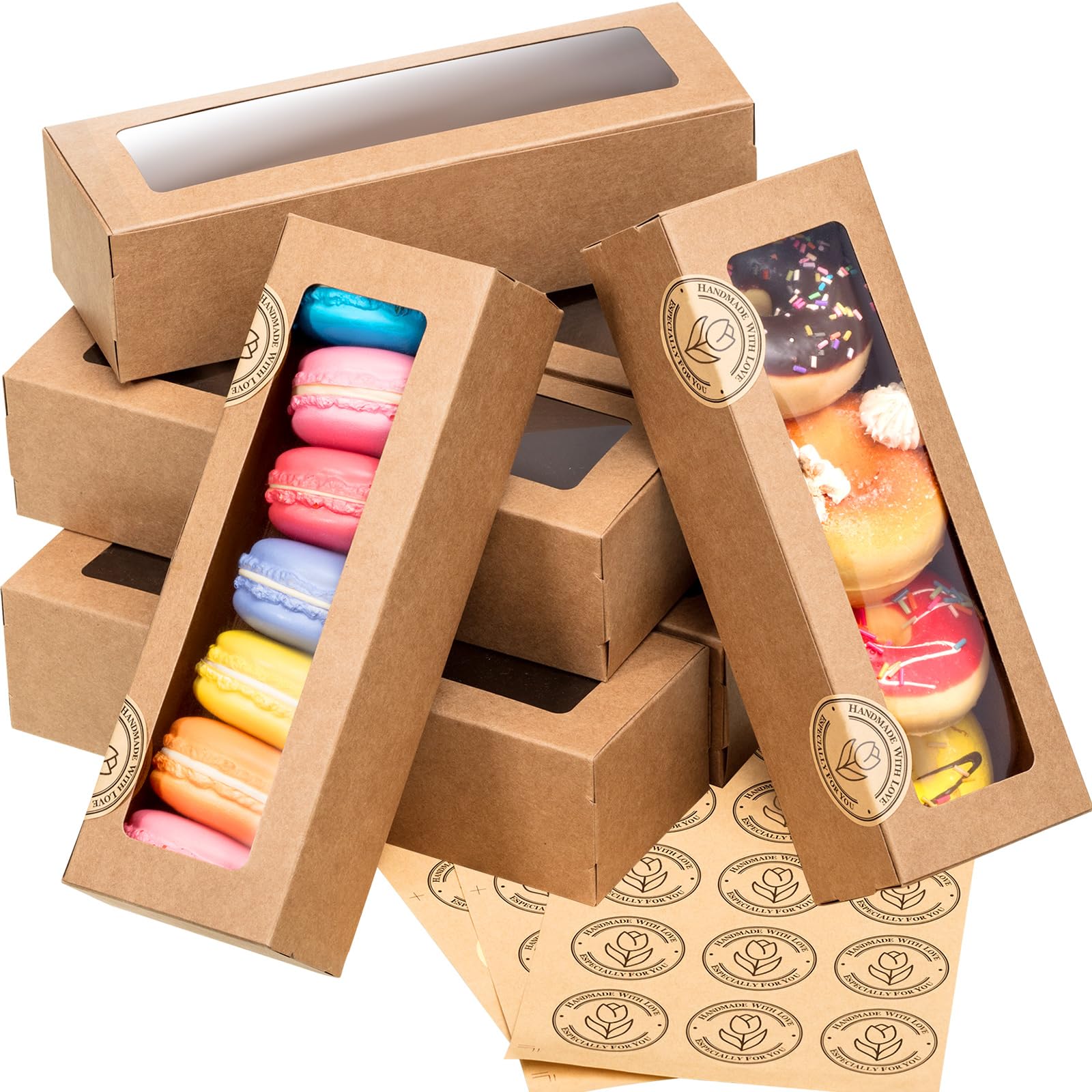 Sherr 50 Pcs Brown Macaron Boxes with Window, Cookies Boxes with 200 Pcs Stickers Long Bakery & Dessert Gifts Containers for Don