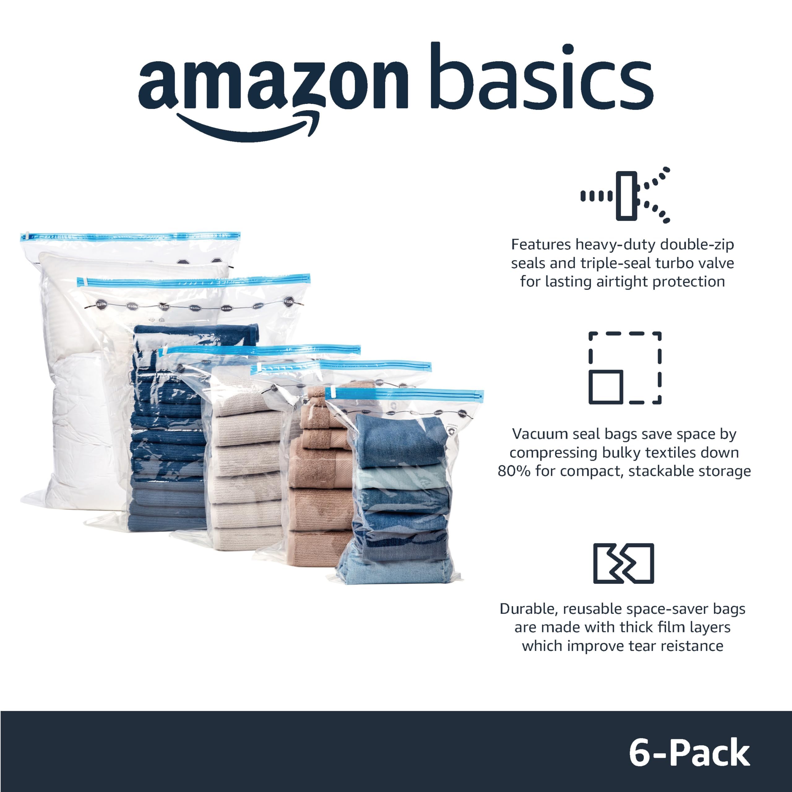 Amazon Basics Vacuum compression Storage Bags with Hand Pump  Jumbo  6-Pack  clear