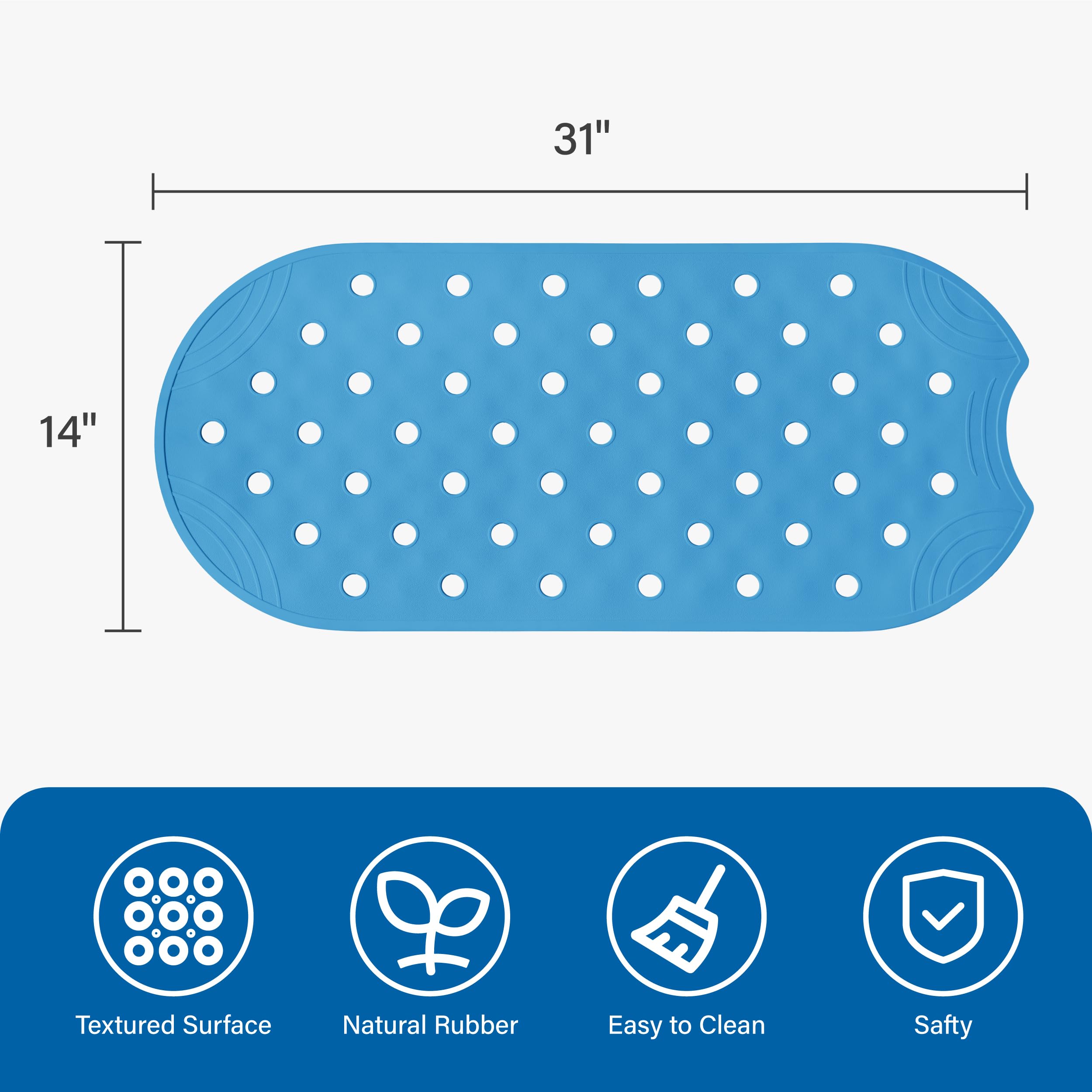 Selfsuite Rubber Bathtub Mat Shower Mat Non-Slip, 31X14 Inch, Bath Tub Floor Mat With Suction Cups And Drainage Holes, Blue