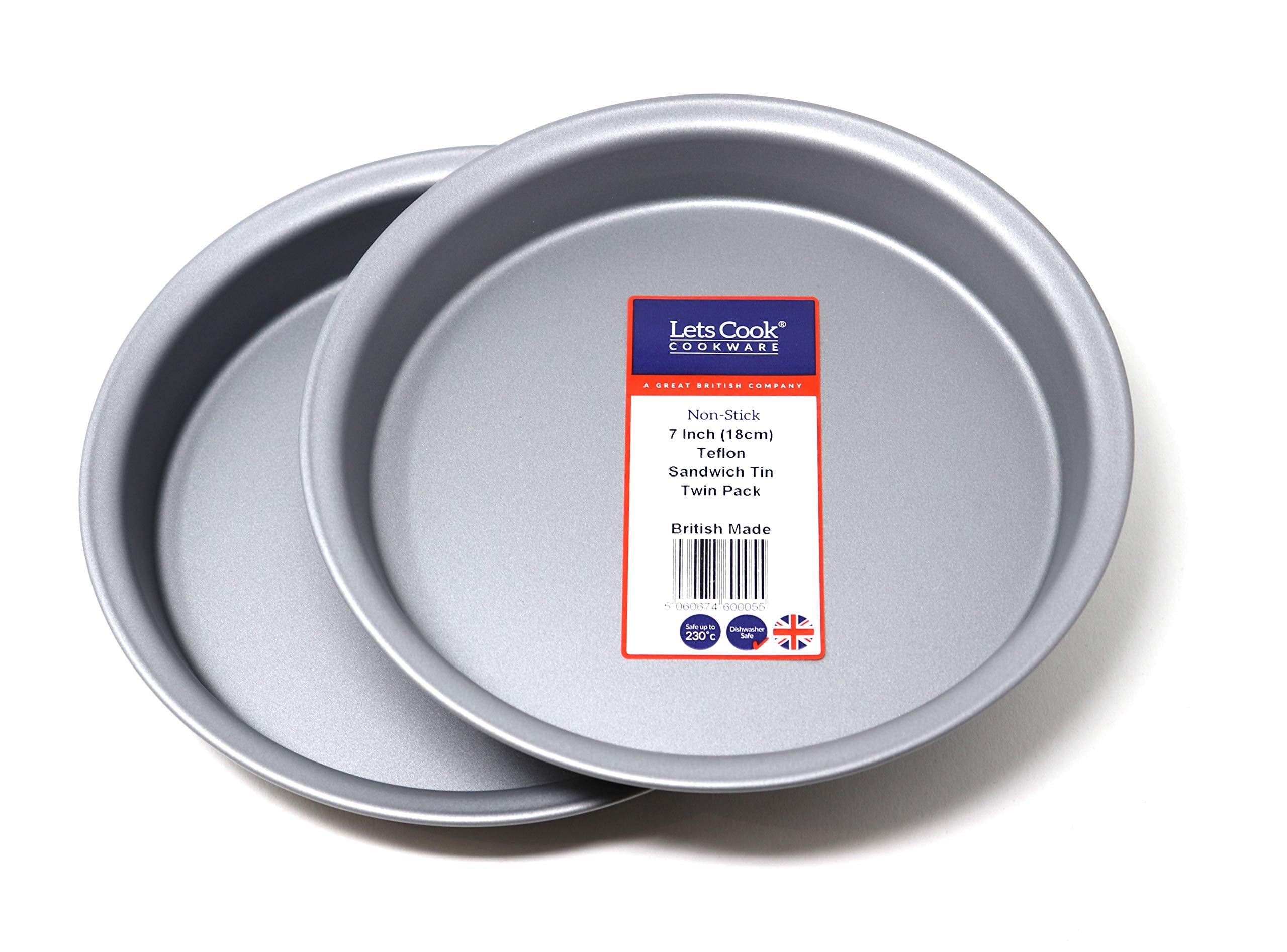 Lets Cook Cookware  7 Inch Victoria Sandwich Tins, Twin Pack (Set of 2), Fixed Base, 18cm, Teflon Non Stick, British Made