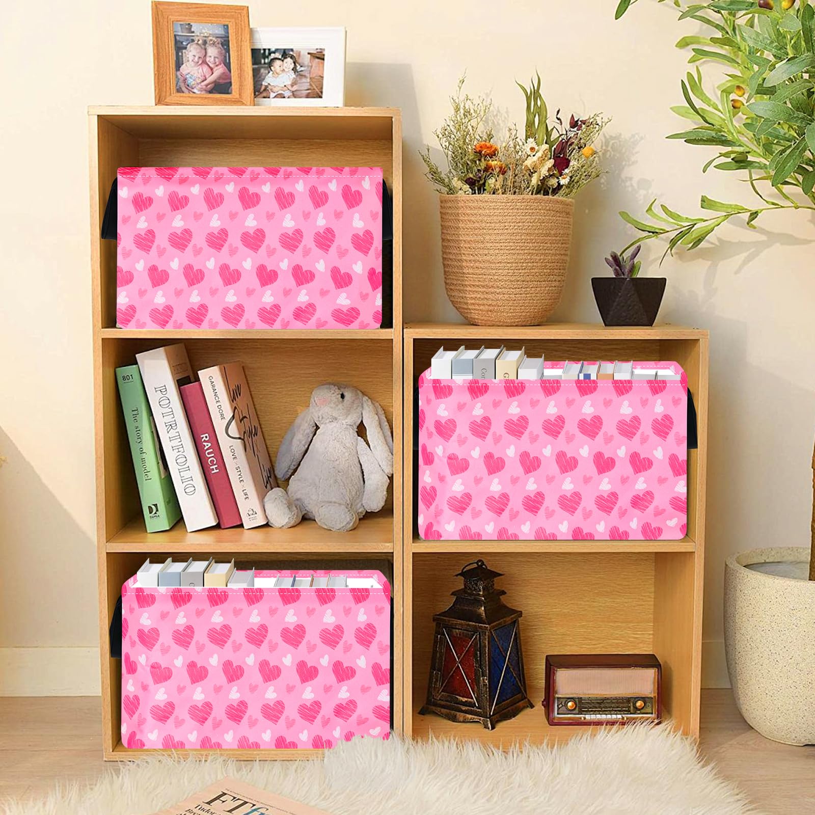 Maizmz Girls Storage Basket Heart Print Storage Cube For Women, Closet Shelf Organizer Bins Empty Gift Basket With Handles Girls