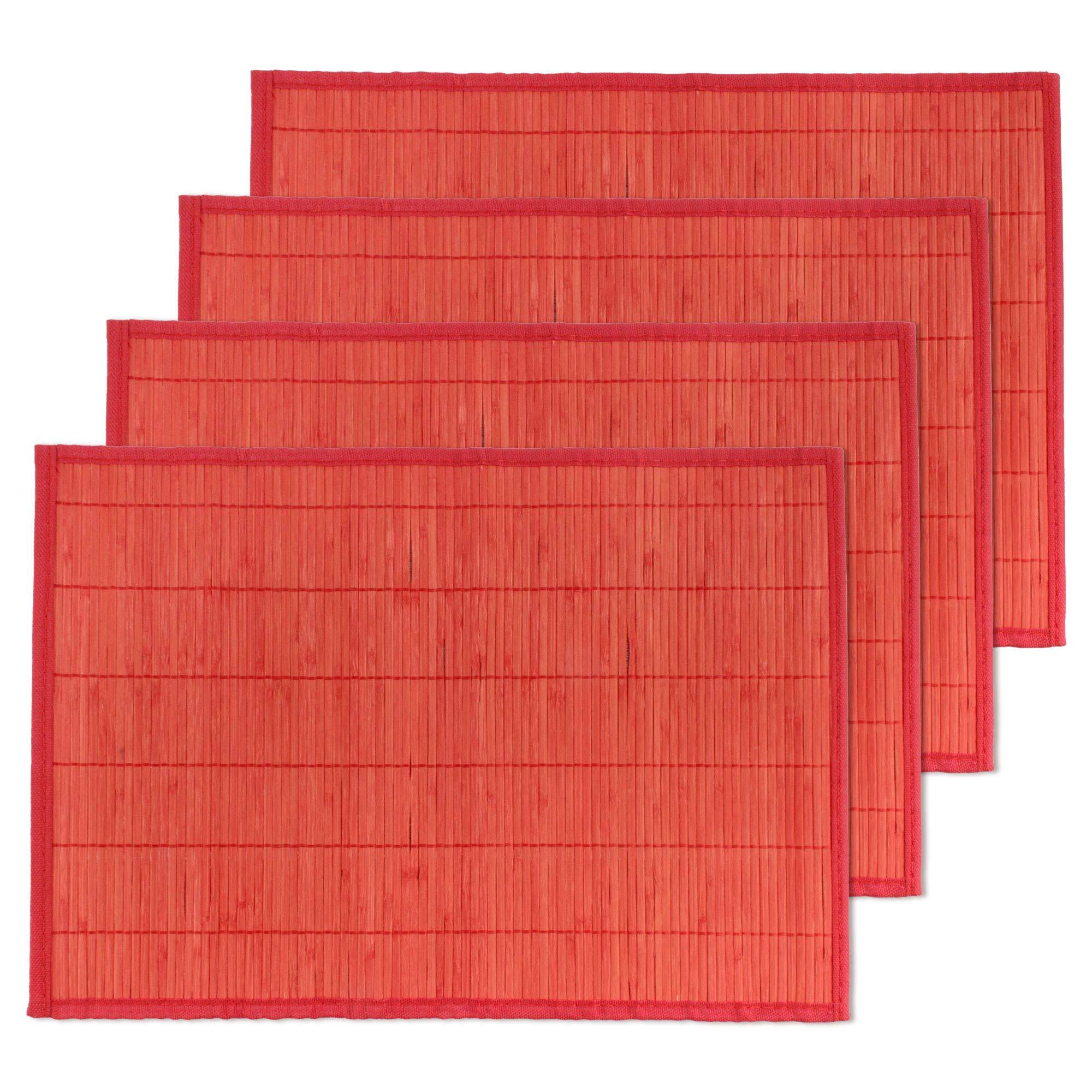 Bamboomn Bamboo Slats Placemat With Fabric Border - Solid Color Print - 18'' X 13'' - Red, 4 Pcs