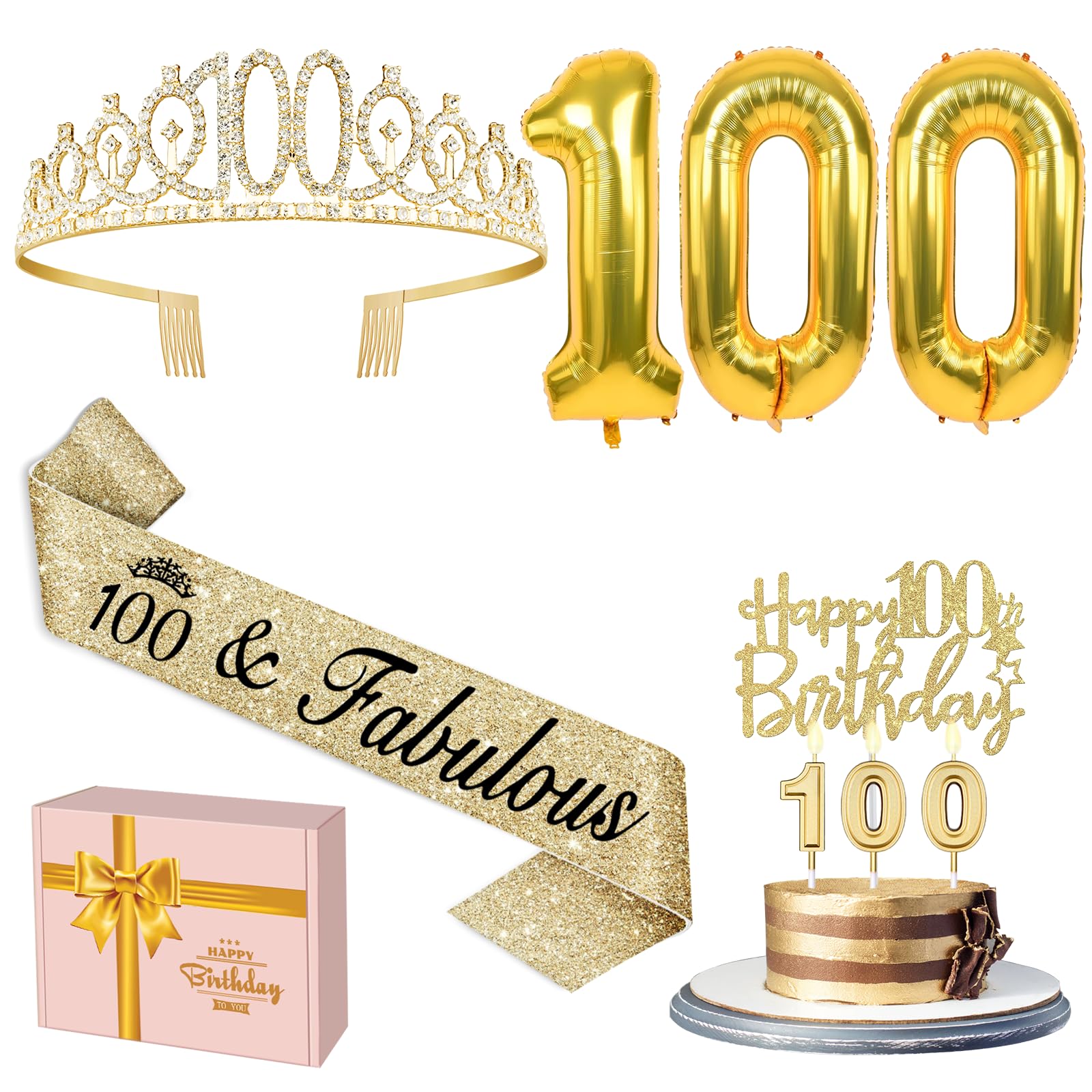 100Th Birthday Decorations Women Gold Include 100Th Birthday Crown And Sash, Gold 100Th Birthday Candles And Cake Topper, Big Go