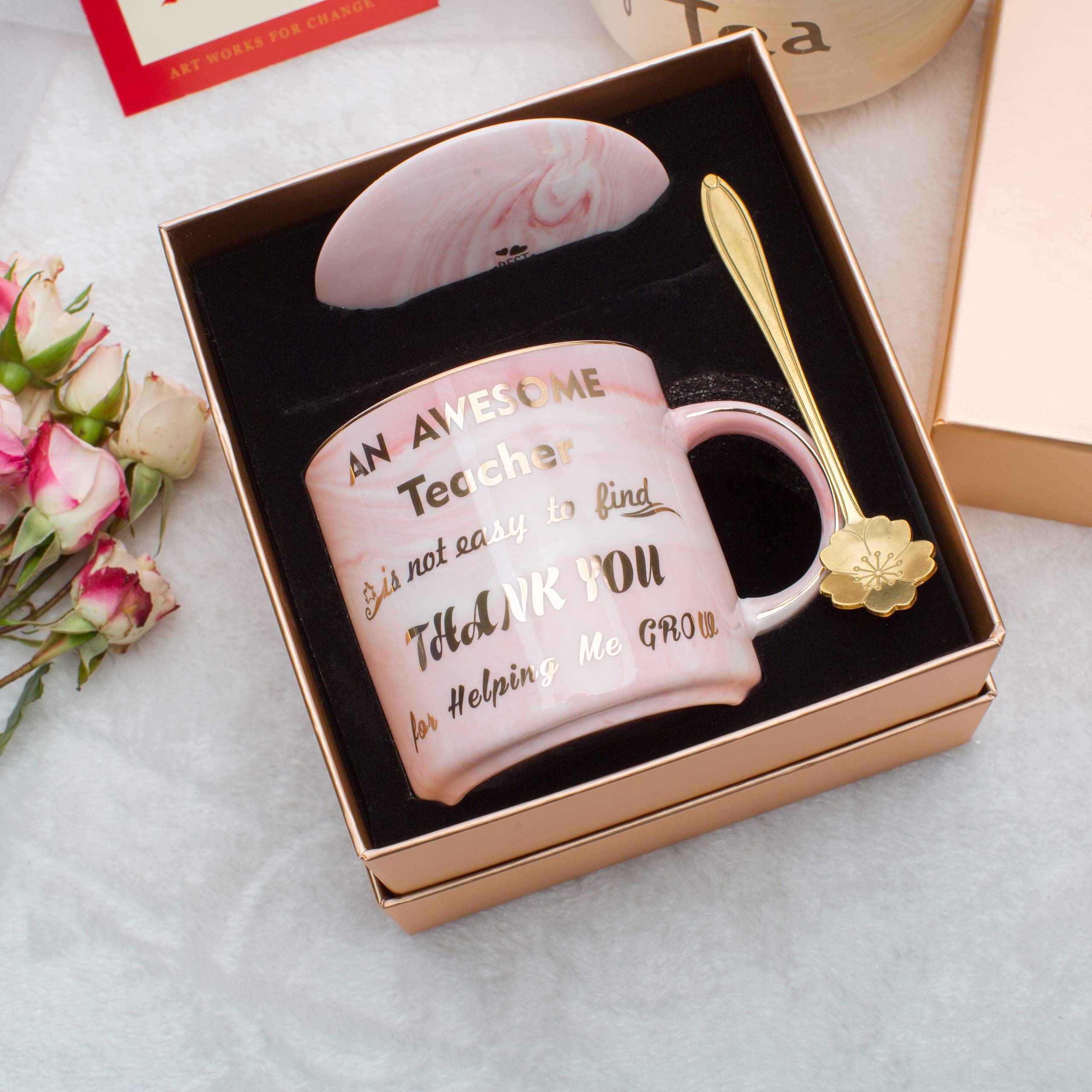 Luspan Teacher Appreciation Gifts,Teacher Gifts for Women,Pink Marble Ceramic Teachers Mug 11.5oz and Lid