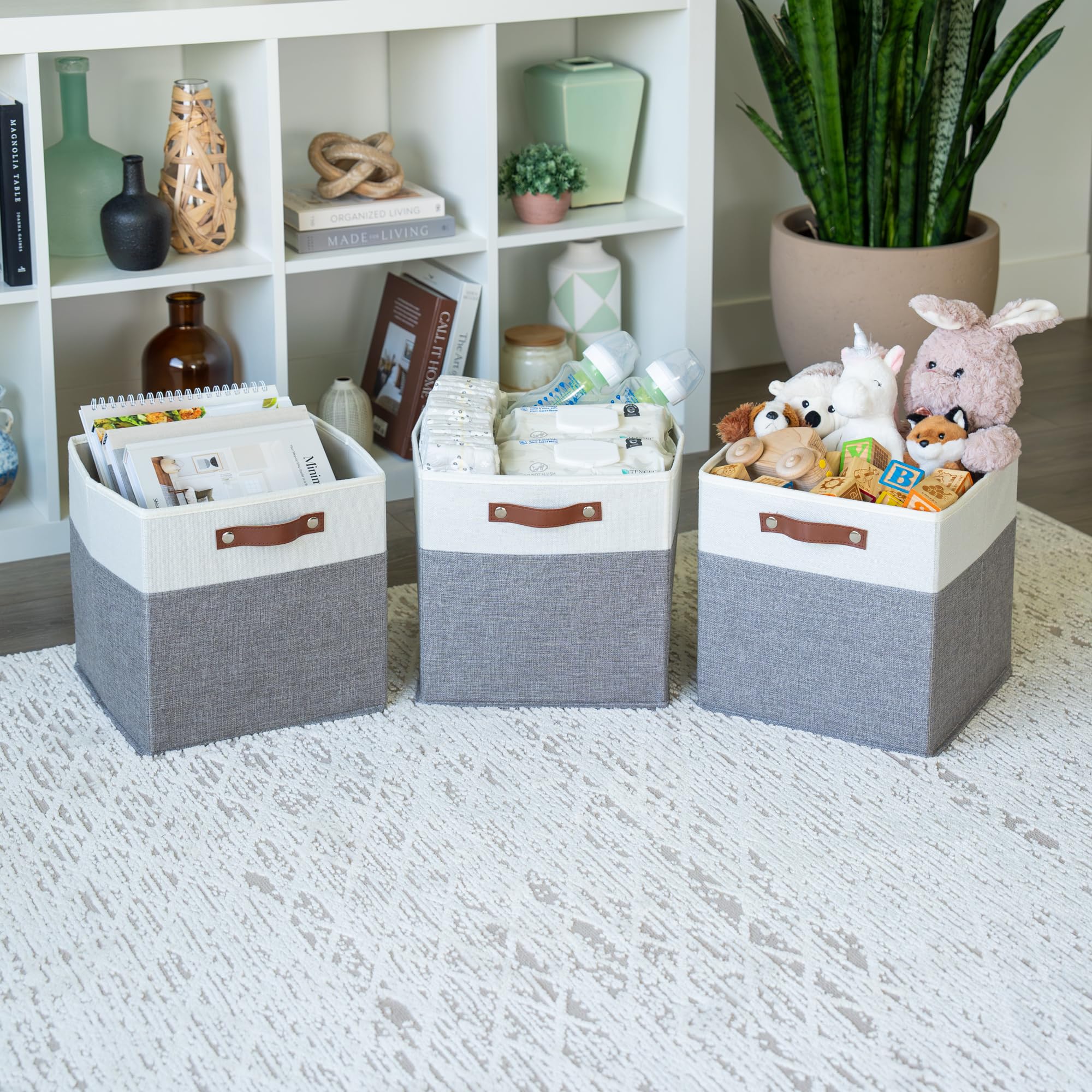 Organihaus 12X12 Cube Storage Bin Set Of 4, Fabric Storage Bins, Cube Storage Organizer Bins, Cubby Bins W/ Vegan Handles, Kalla