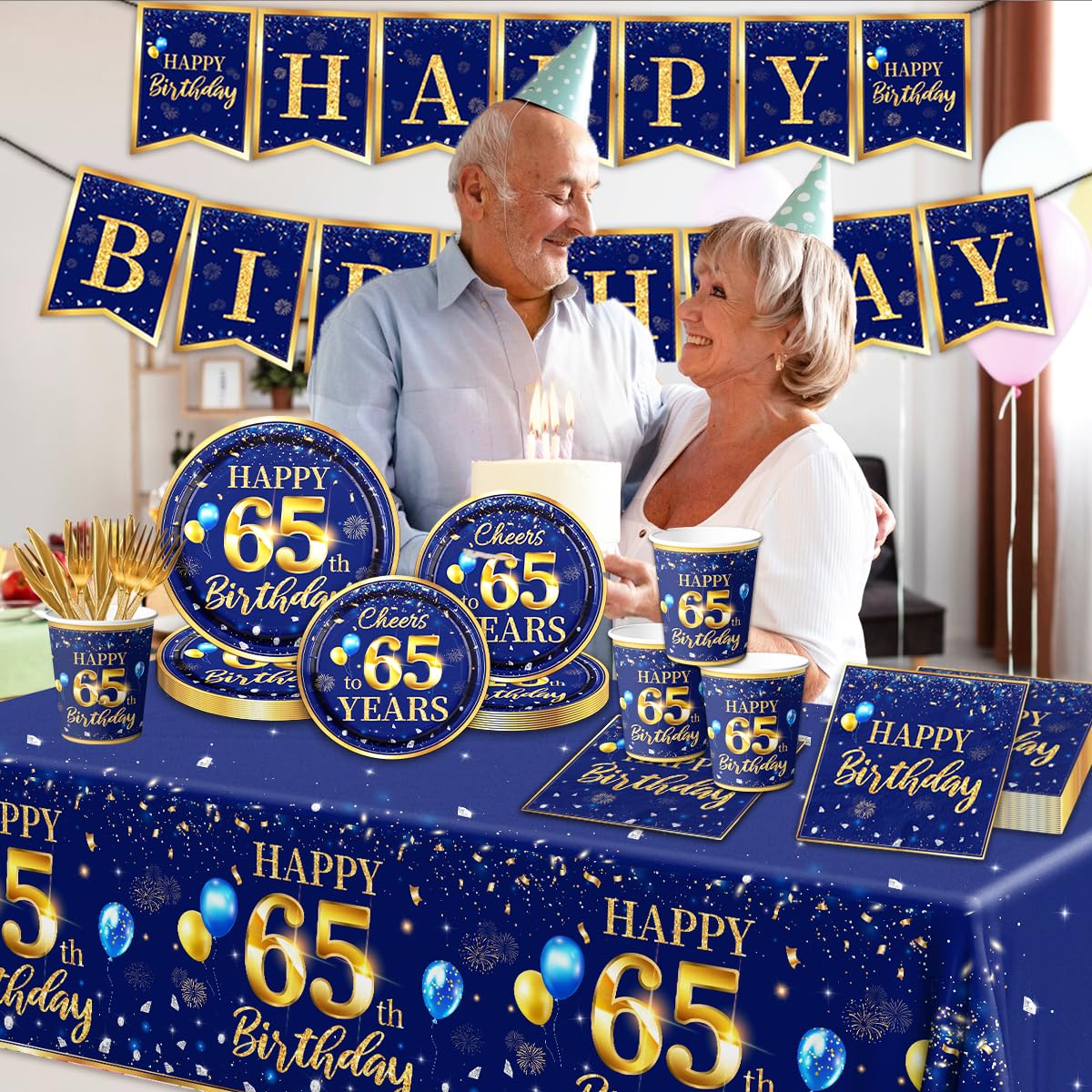 65Th Birthday Decoration Men-142Pcs Navy Blue And Gold Birthday Tableware Set(Serve For 20) Include Happy 65Th Birthday Banner P