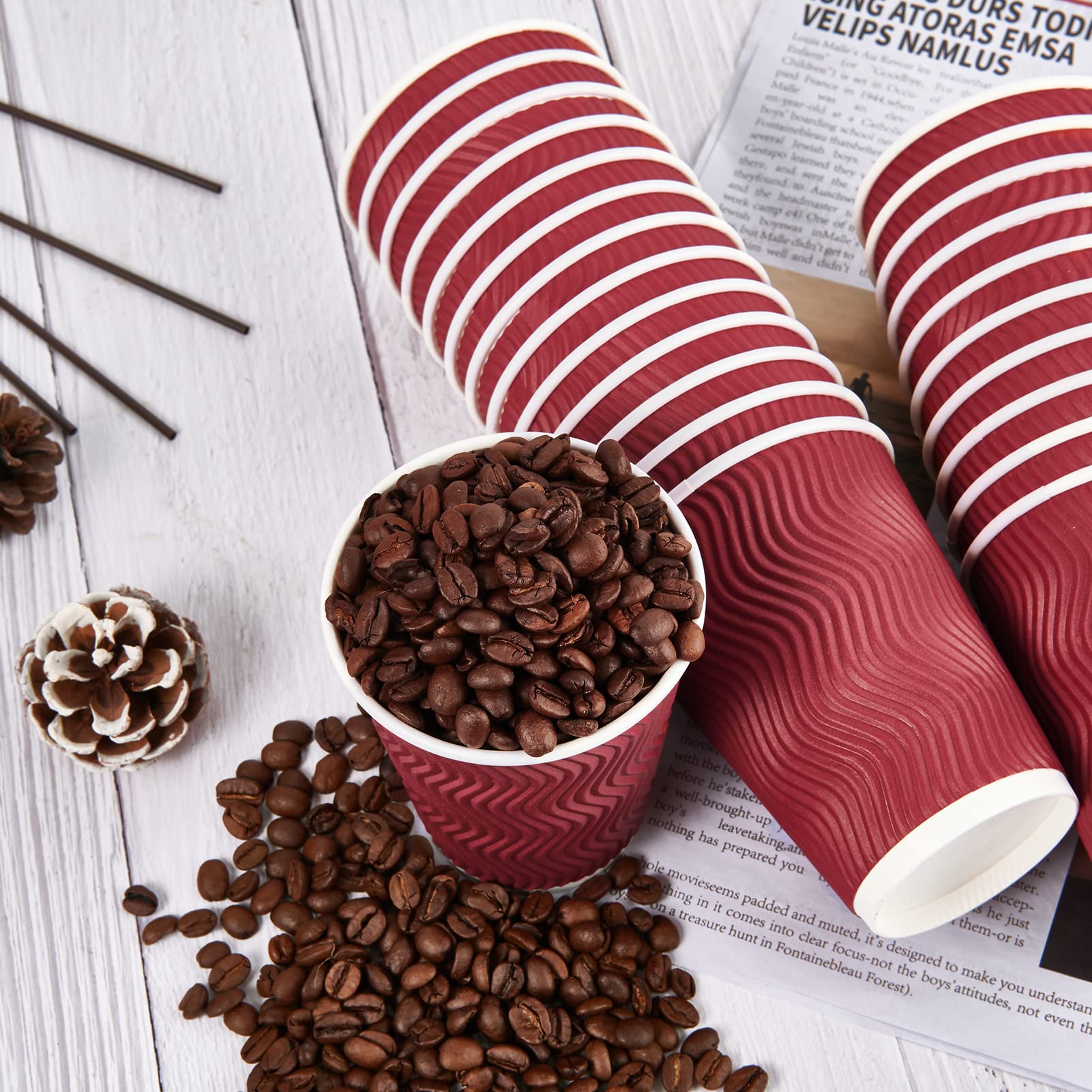 Jollypack 60 Pack Paper Cups, Disposable Coffee Cups 12 Oz, Red Hot Beverage Cups With Insulated Ripple Wall, Paper Ripple Cups