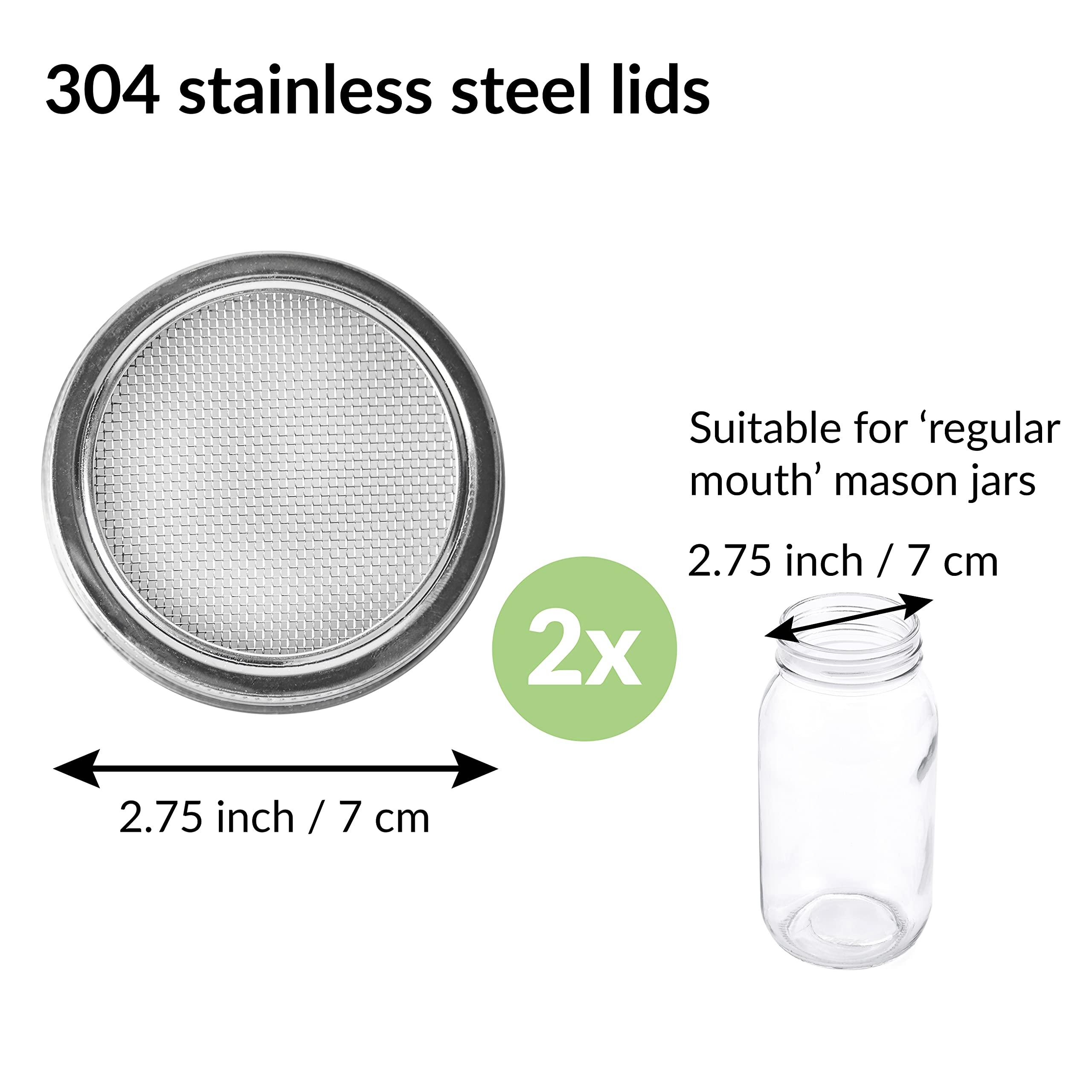 2 Pack Seed Sprouting Jar Lids | For 2.75'' Regular Mouth Mason Jars | Fresh Sprouts At Home | Strainer Screen For Canning Jars