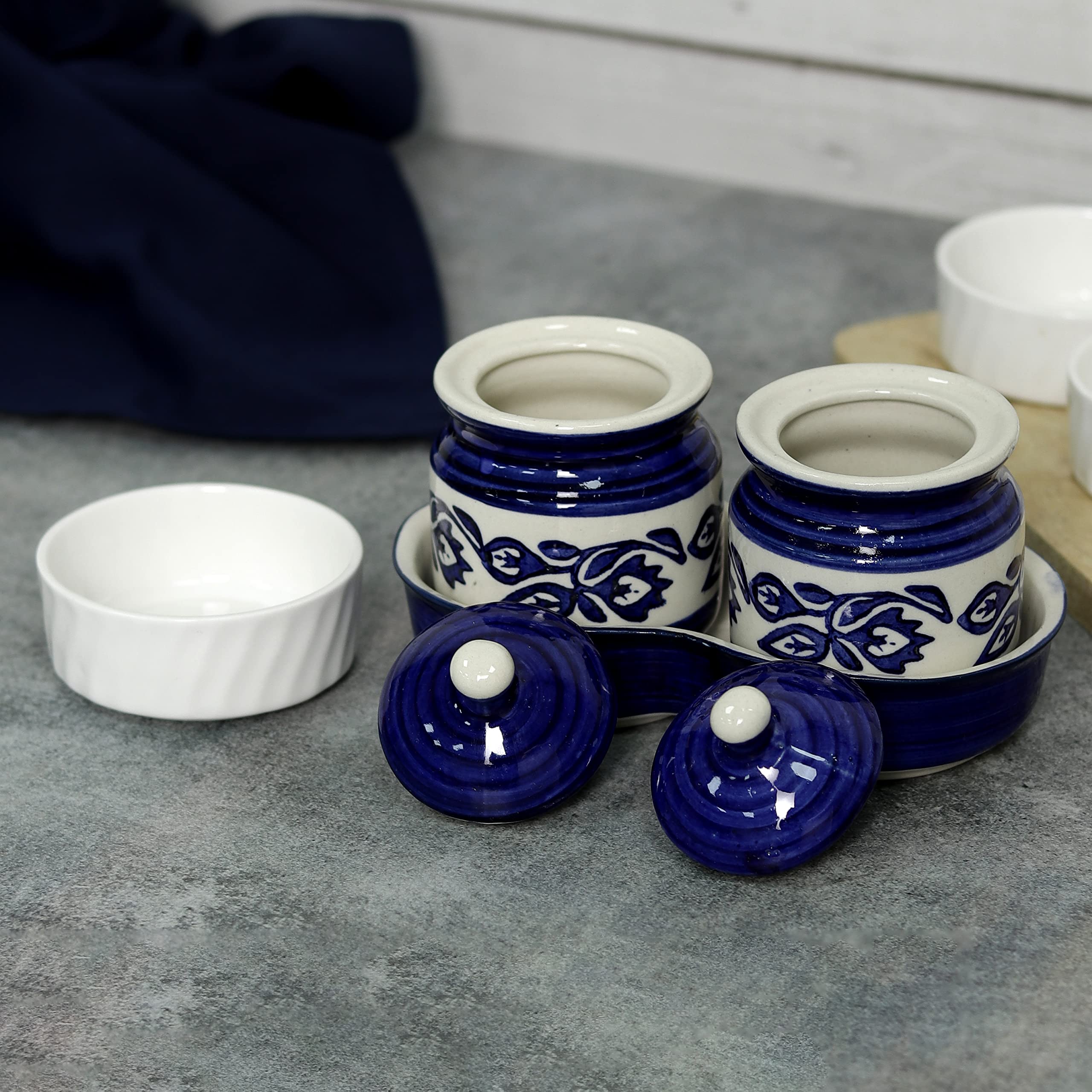 Kreative Homes Ceramic Jars With Lid And Holding Tray Multipurpose Barni For Chutney, Pickle Jar Storage Container, Dining Table