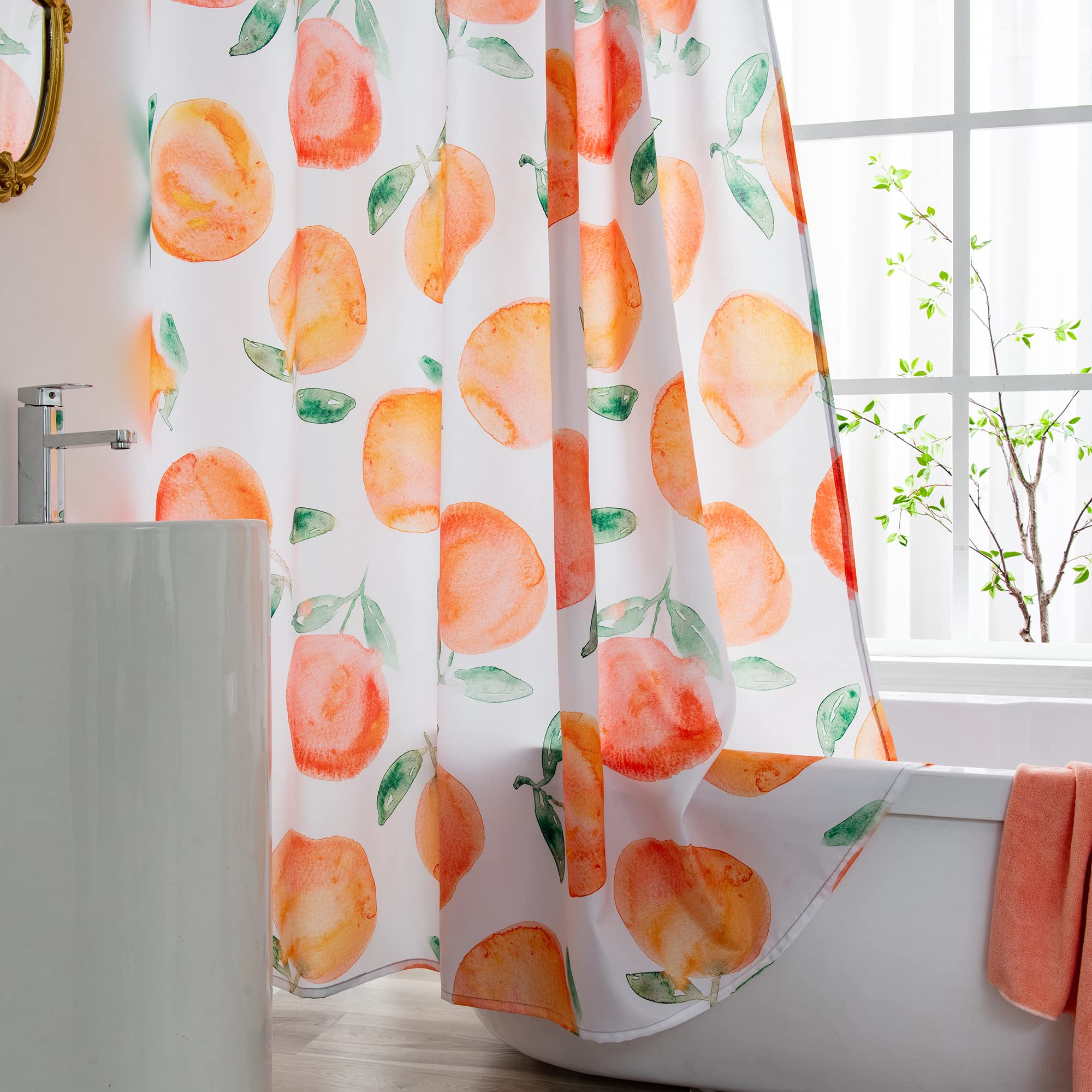 YI & ZE Peach Shower Curtain  Allover Fruits Shower Curtain Waterproof Fabric Bathroom Cute Shower Curtain Set with 12 Hooks  Honey Peach 72''?2''