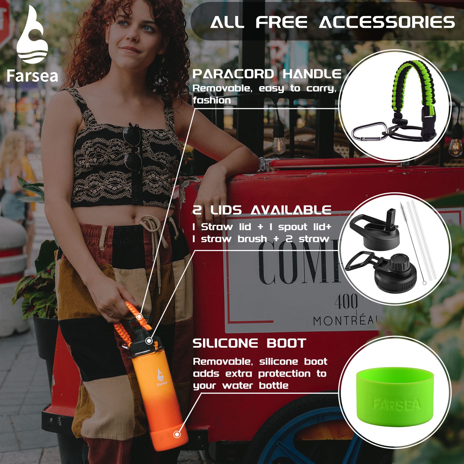 Farsea Insulated Water Bottle With Paracord Handle  Protective Silicone Boot and 2 Lids (Straw Lid & Spout Lid)  Stainless Steel Water Bottle Wide Mouth  Double Wall Sweat-Proof BPA-Free  18 oz