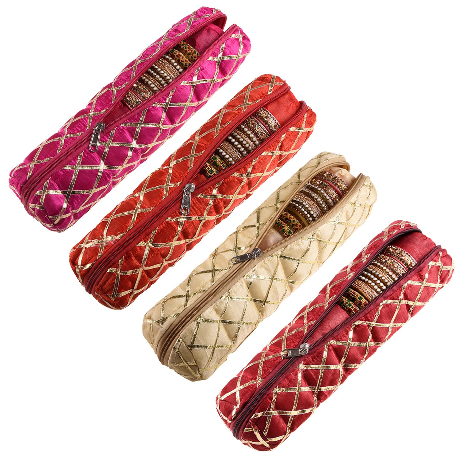 Kuber Industries Single Rod Bangle Box | Polyester Gota Check Design Watch Organizer | Travelling Bracelets Organizer With Zippe
