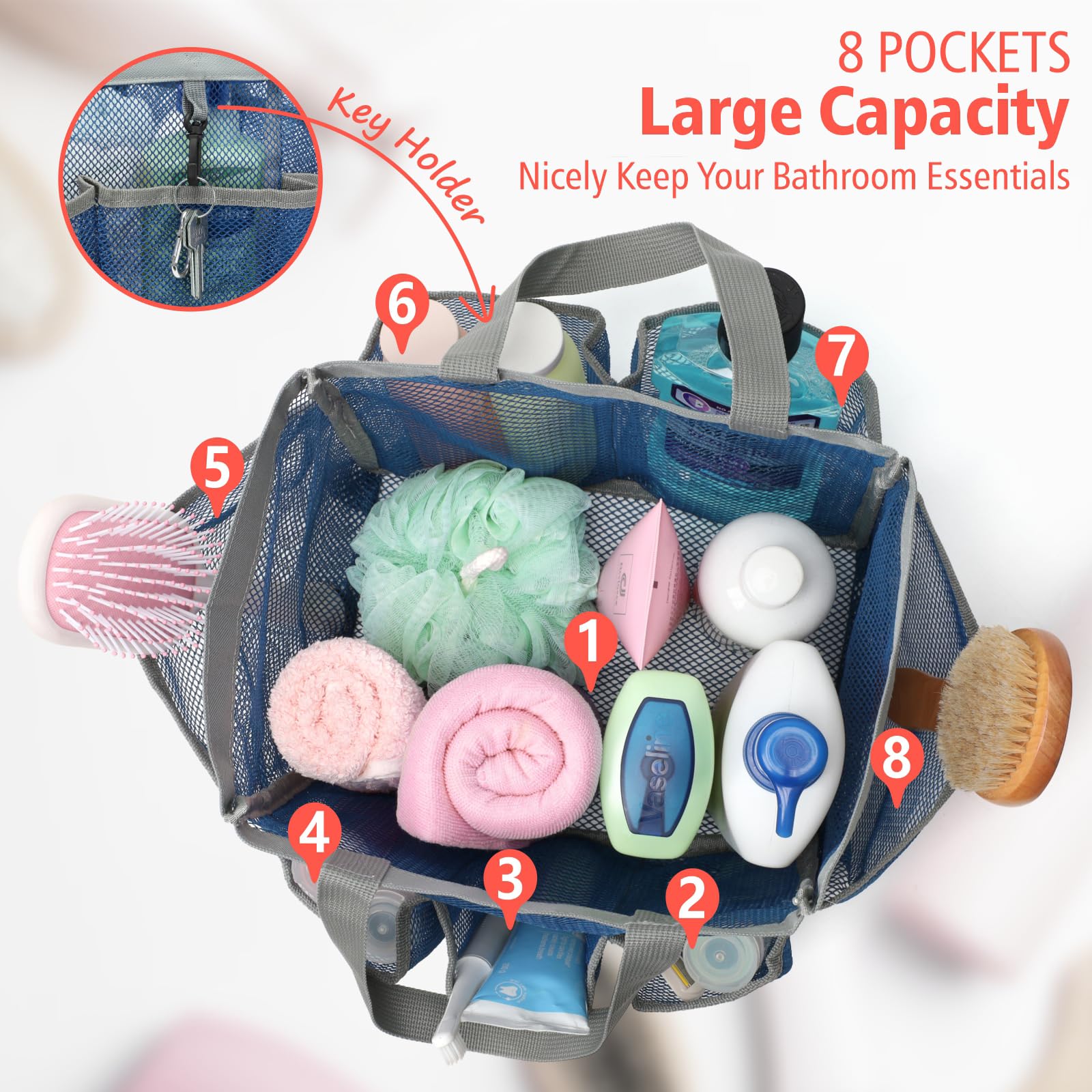 F-color Mesh Shower Caddy Portable  Upgrade Deeper 7 Pockets Shower Caddy Basket Tote for College Dorm Room Toiletry Bathroom Essentials Gym Camp Quick Dry 2 handles Shower Bag with S Hook  Navy Blue