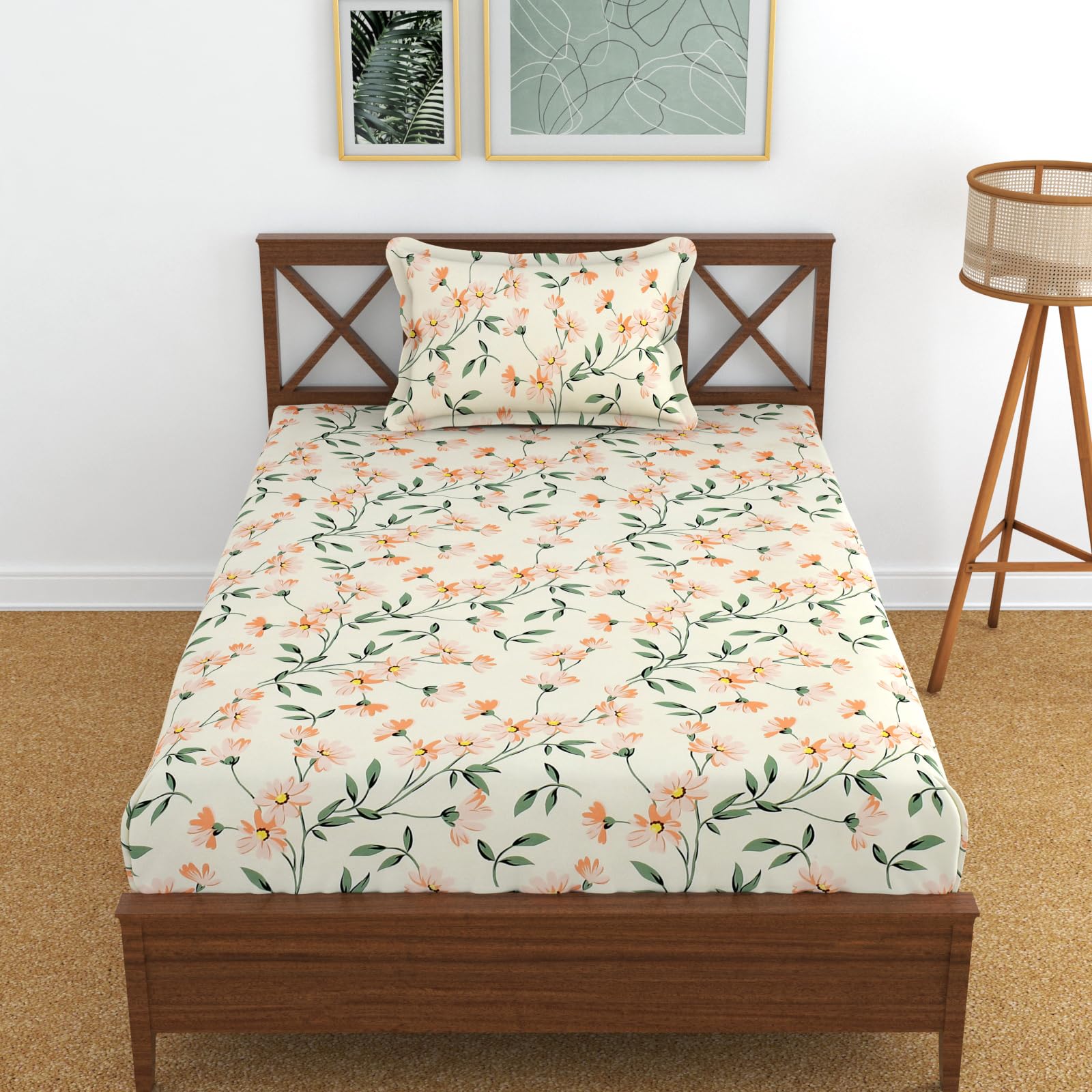 Kawi Single Bedsheet Elastic Fitted Glace Cotton With 1 Pillow Cover (72X 48X 6 Bed Size Mattress) - Yellow Colour