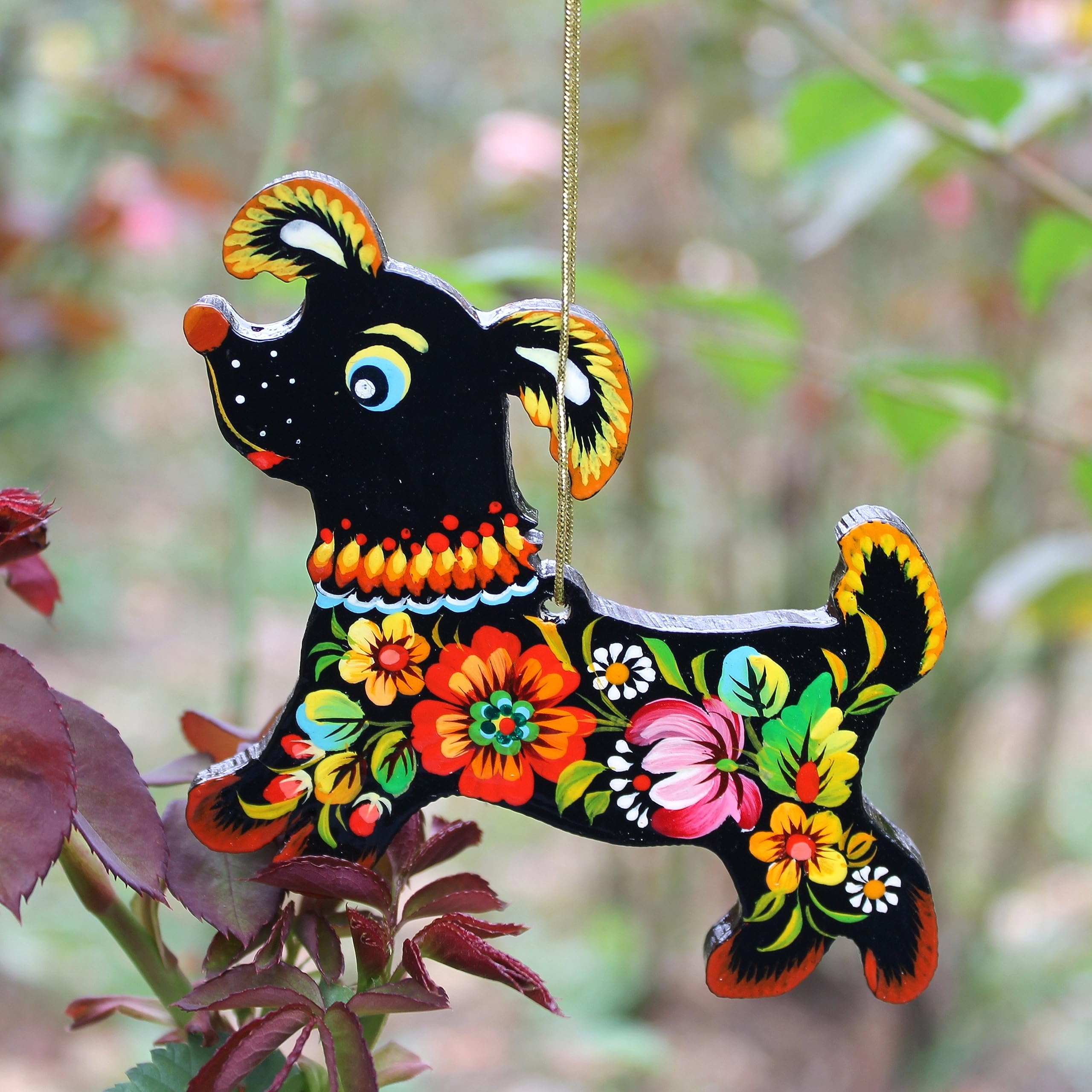 Hanging Dog Ornament Wooden Flat Pet Decoration 3.9 x 3 x 0.2 inches Hand-painted with Floral Patterns of Ukrainian Petrykivka P