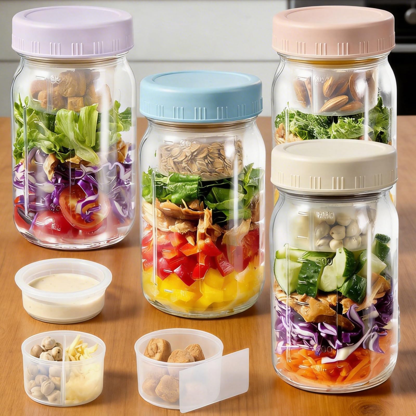 BLAZPATH 4 Pack Glass Salad Pod Mason Jar with Dressing Cup, 32 oz Salad Container to Go with Lids Meal Food Prep for Adults Lun