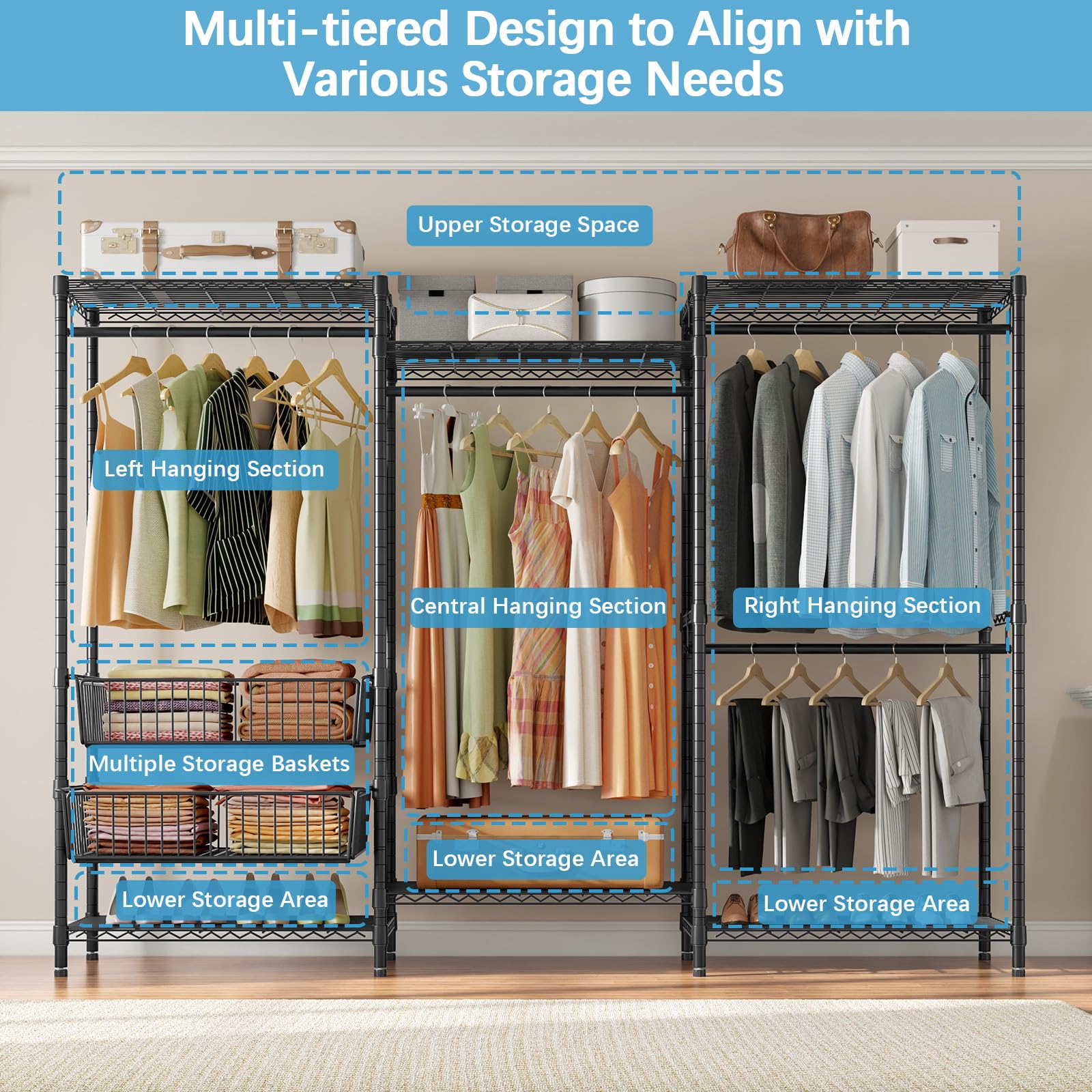 VIPEK V10 Wire Garment Rack 5 Tiers Heavy Duty Clothes Rack with Hanging Rods  Wire Shelves & 2 Slid Storage Baskets  Large Size Clothing Rack 85.4 '' W x 15.7 '' D x 76.4 '' H  Max Load 800 LBS  Black