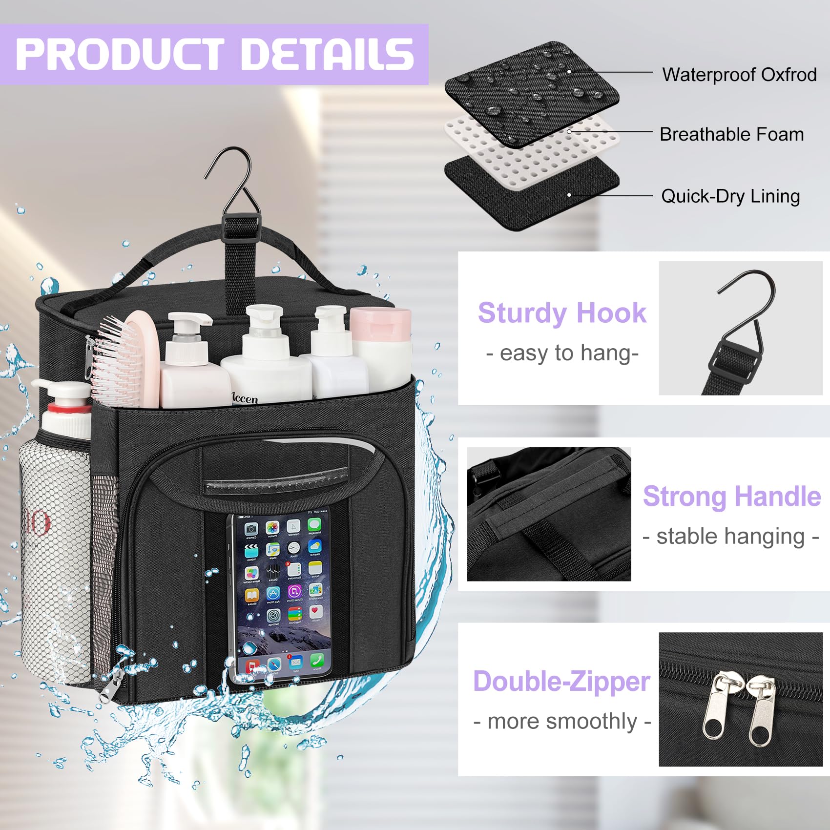 Attmu Large Capacity Portable Shower Caddy Dorm For College Essentials, Separate Compartment Hanging Toiletry Bag For College St