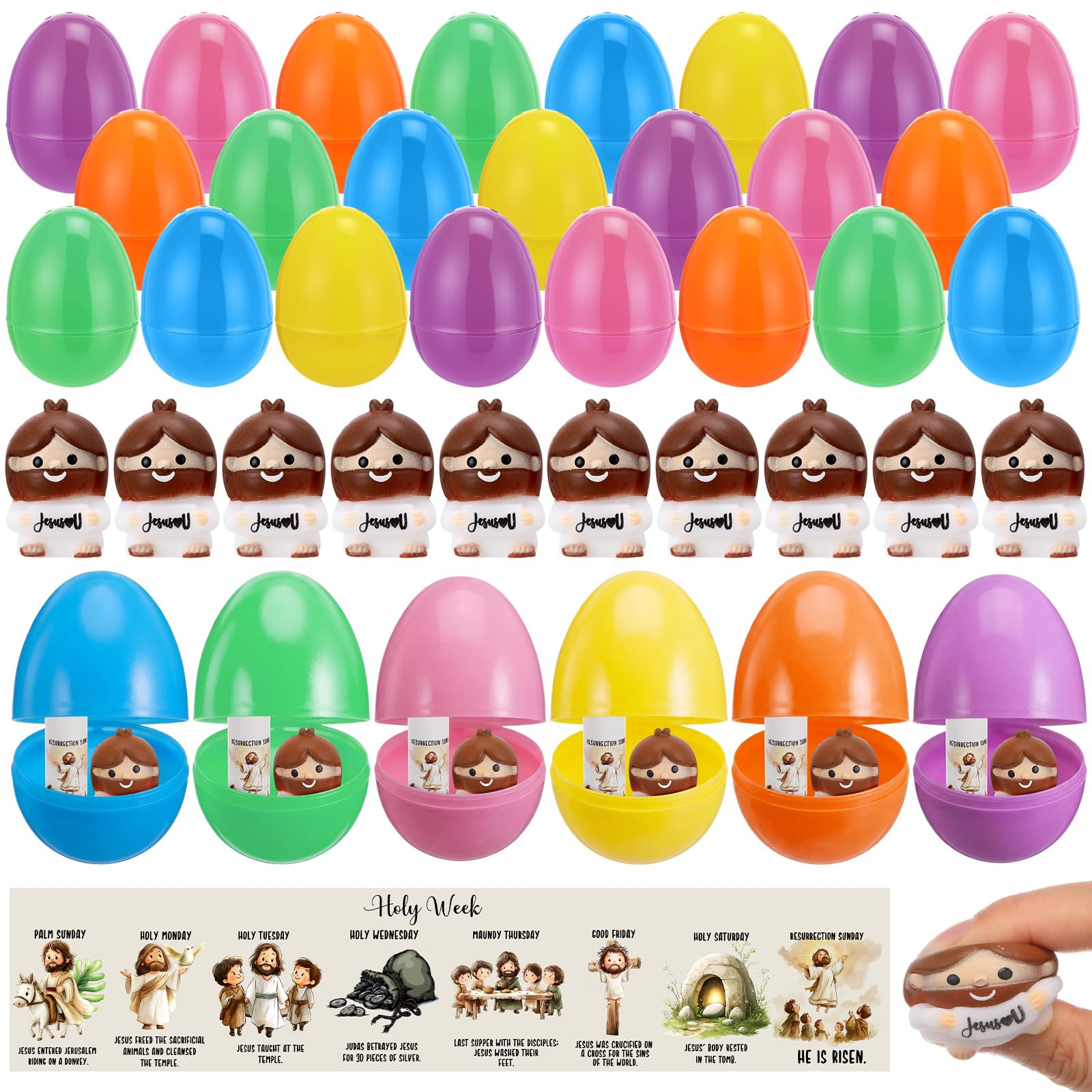 Skylety 25 Sets Easter Jesus Gifts Bulk Prefilled Easter Egg Basket Stuffers Fillers Jesus Stress Balls Religious Holy Week Card
