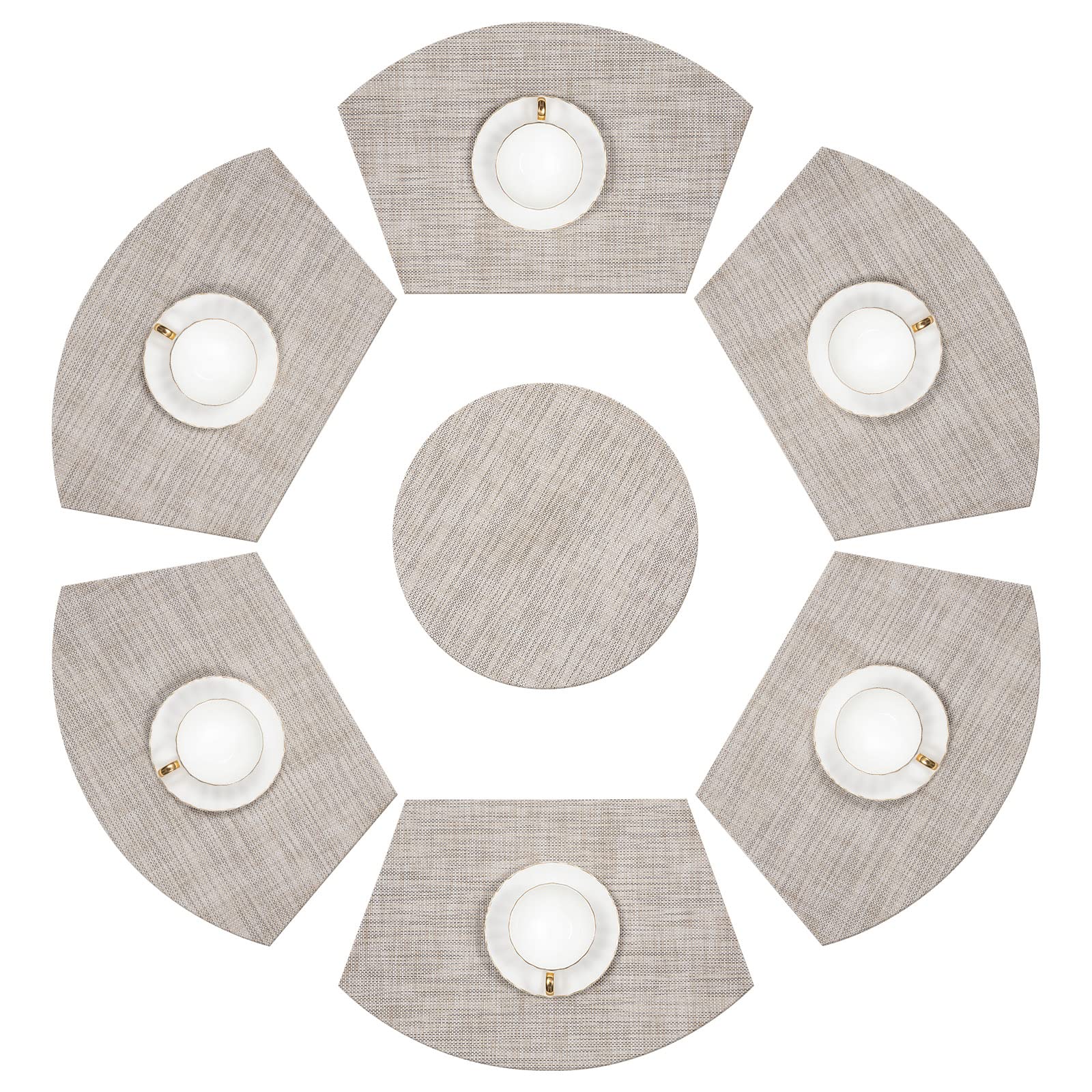 Shacos Round Table Placemats Set Of 7 Wedge Placemats With Centerpiece Round Mats Heat Resistant Washable (7, Beige White Black)