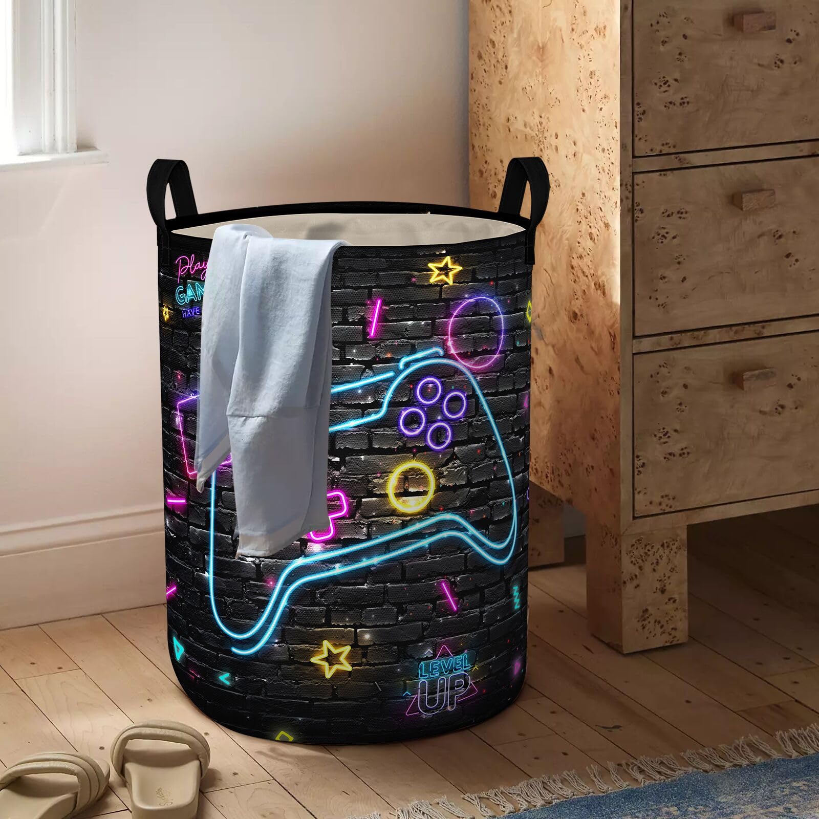 Gamer Laundry Basket Boys Hamper Foldable Kids Clothes Hampers Storage Basket Toy Organizer Boys Bedroom Decor (Neo Gamepad, 43L