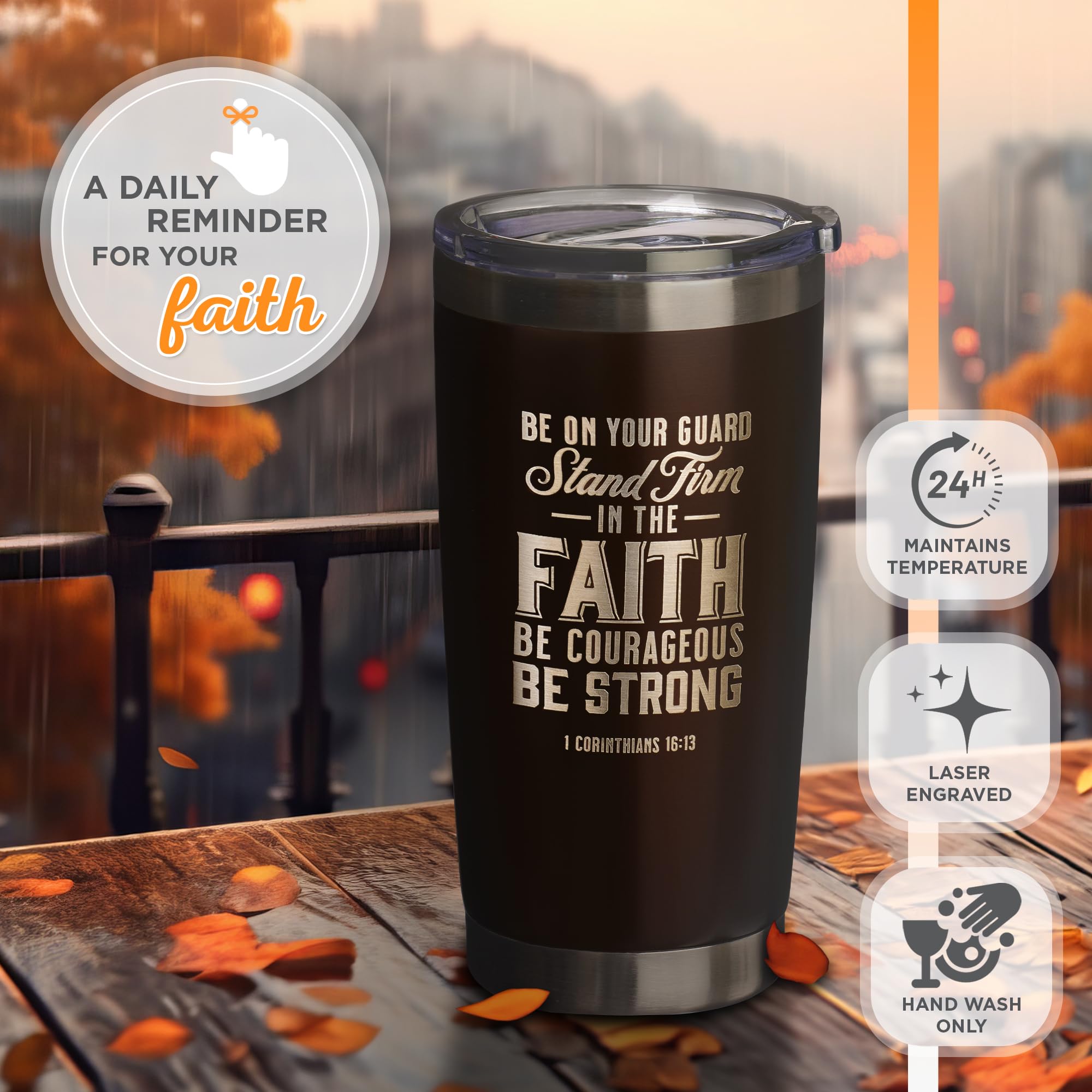 Christian Art Gifts Stainless Steel Double Wall Vacuum Insulated Travel Mug Tumbler For Women & Men: Stand Firm - 1 Cor. 16:13 B