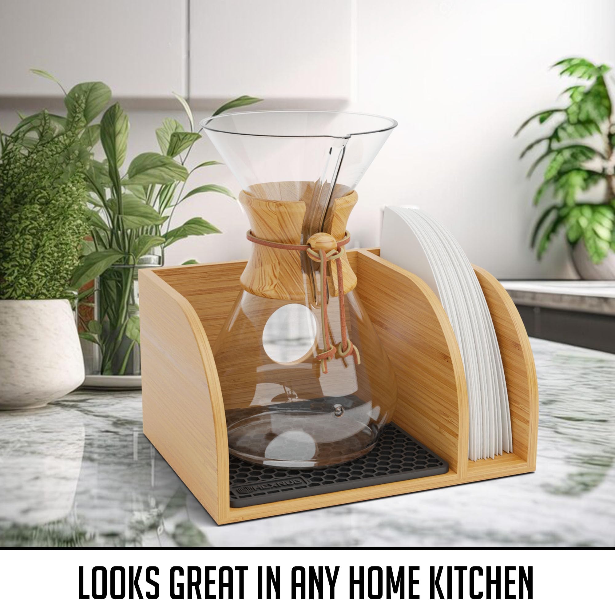 Hexnub - Caddy For Pour Over Coffee Makers, Bamboo Stand Fits Chemex, Bodum, Cosori Carafes, Heatproof Mat, Filter Holder For Co