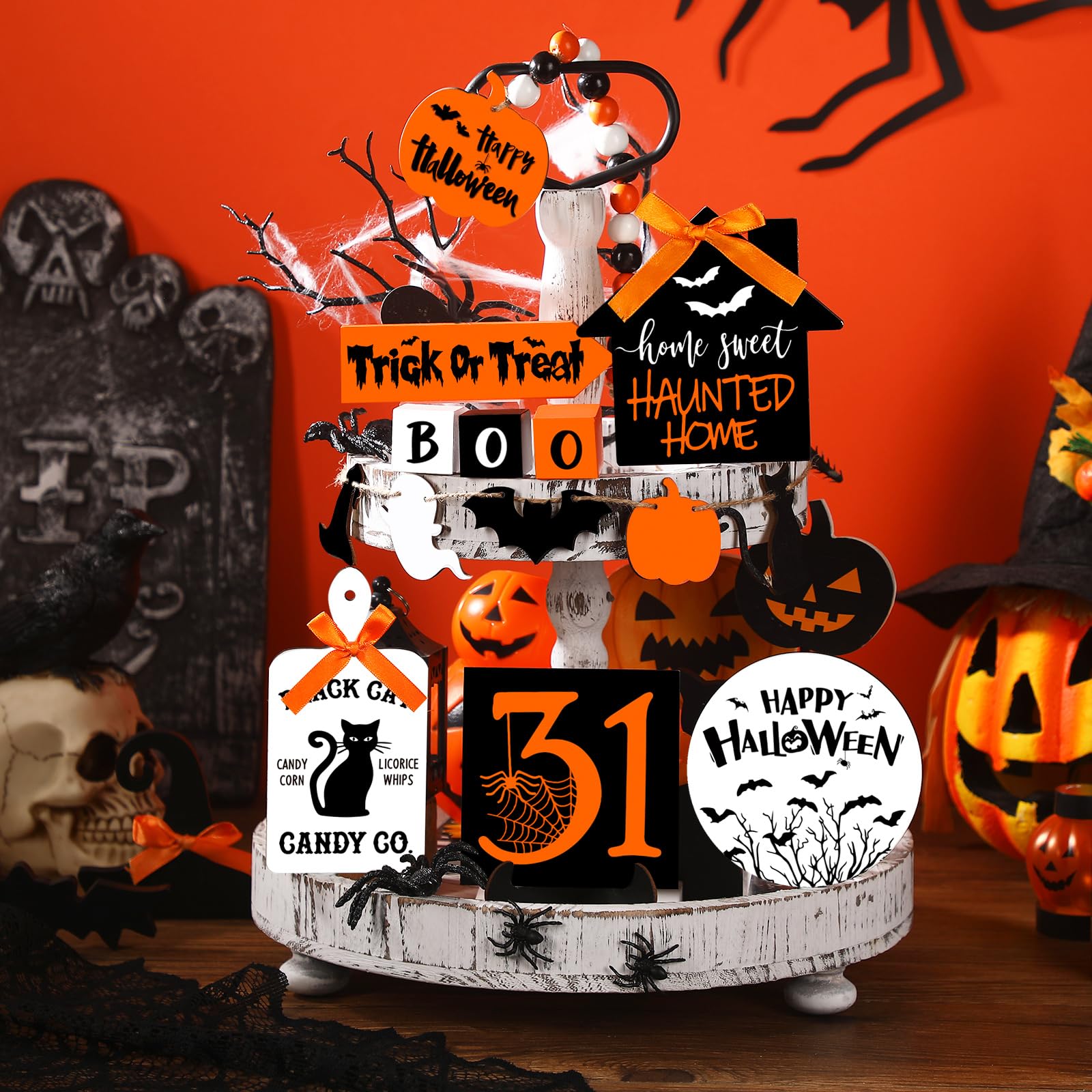 Umigy 15 Pcs Halloween Tiered Tray Decor Set Cute Ghost Tray Decorations Boo Halloween Wooden Signs Farmhouse Rustic Decoration