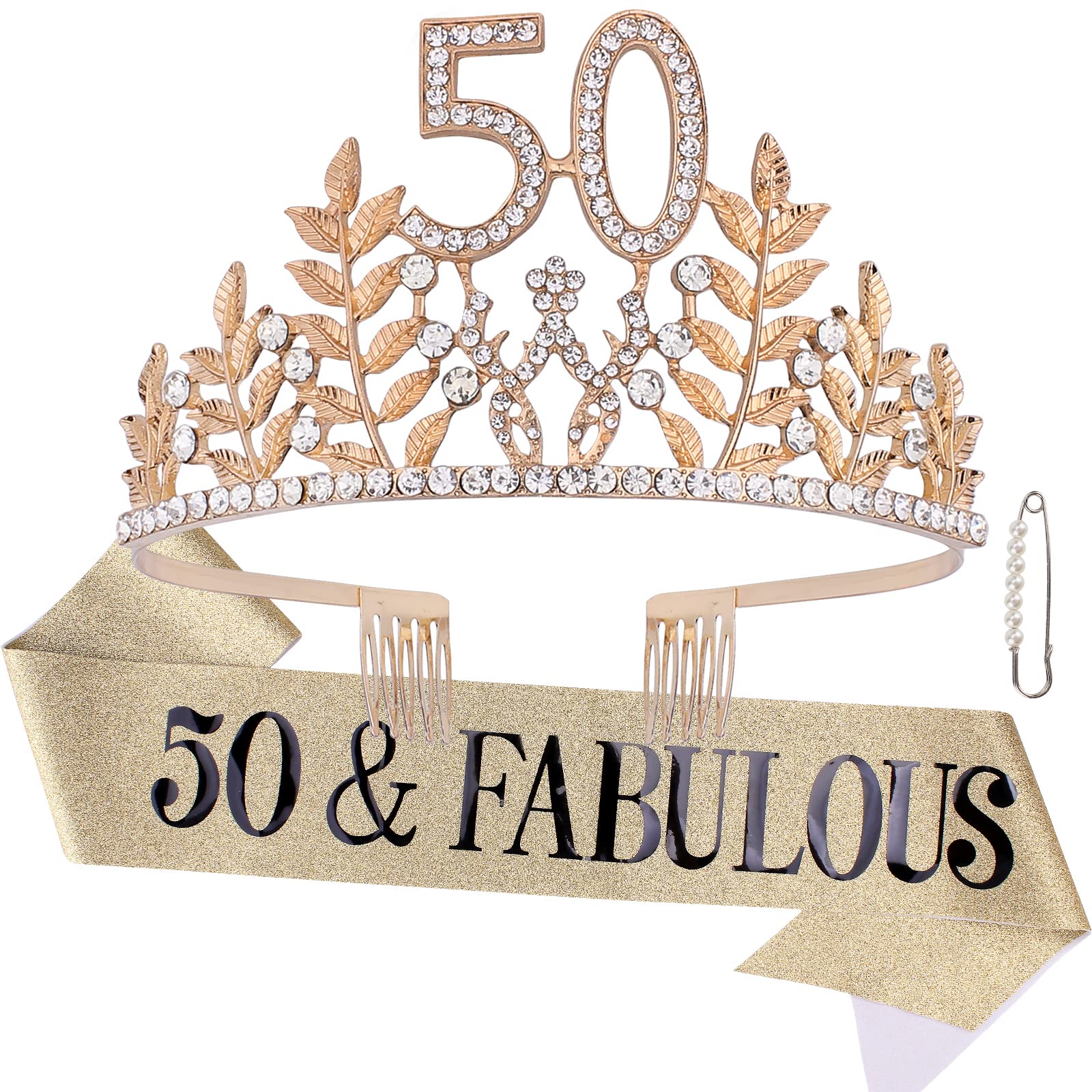 Semato 50 & Fabulous Birthday Crown And Sash Kit- 50Th Birthday Gifts For Women 50Th Birthday Party Supplies (Gold)