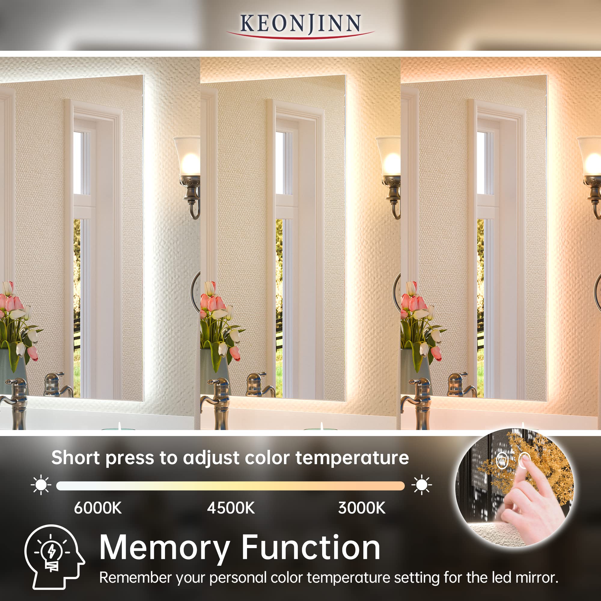 Keonjinn 24 x 32 Inch LED Backlit Mirror Lighted Bathroom Vanity Mirror 3 colors Warm/Natural/White Lights High Lumen  Anti-Fog & Dimmer Wall Mounted LED Makeup Mirror with Lights(Vertical/Horizontal)