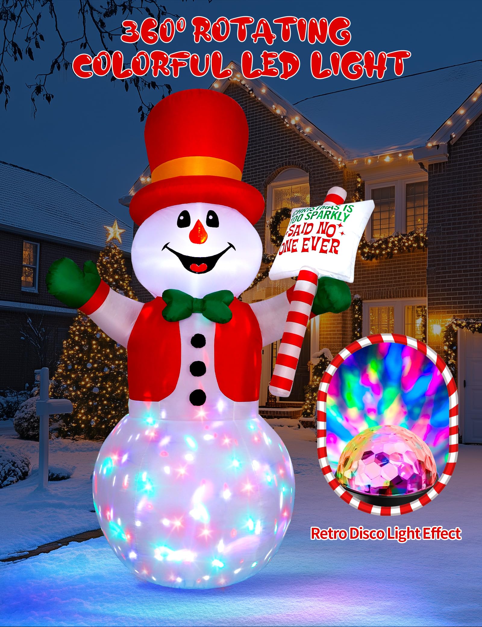 8ft Christmas Inflatable Outdoor Decoration Snowman, Gentleman Snowman Holding Sign Welcoming Guest, Built-in Rotating Disco Lig
