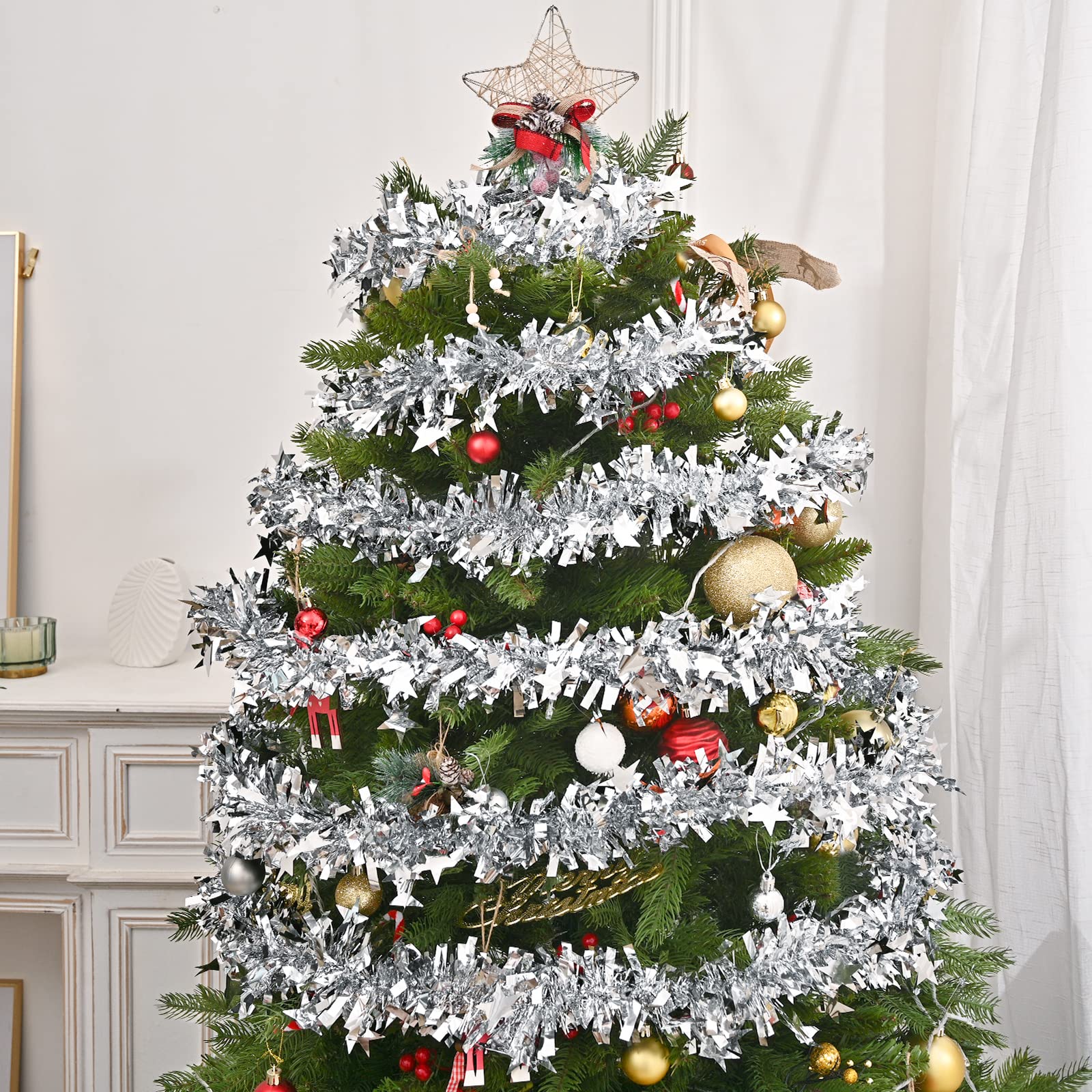 33ft Silver Christmas Tinsel Garland,Xmas Metallic Twisted Hanging Garland with Star for Chistmas Tree Fireplace Home Decoration