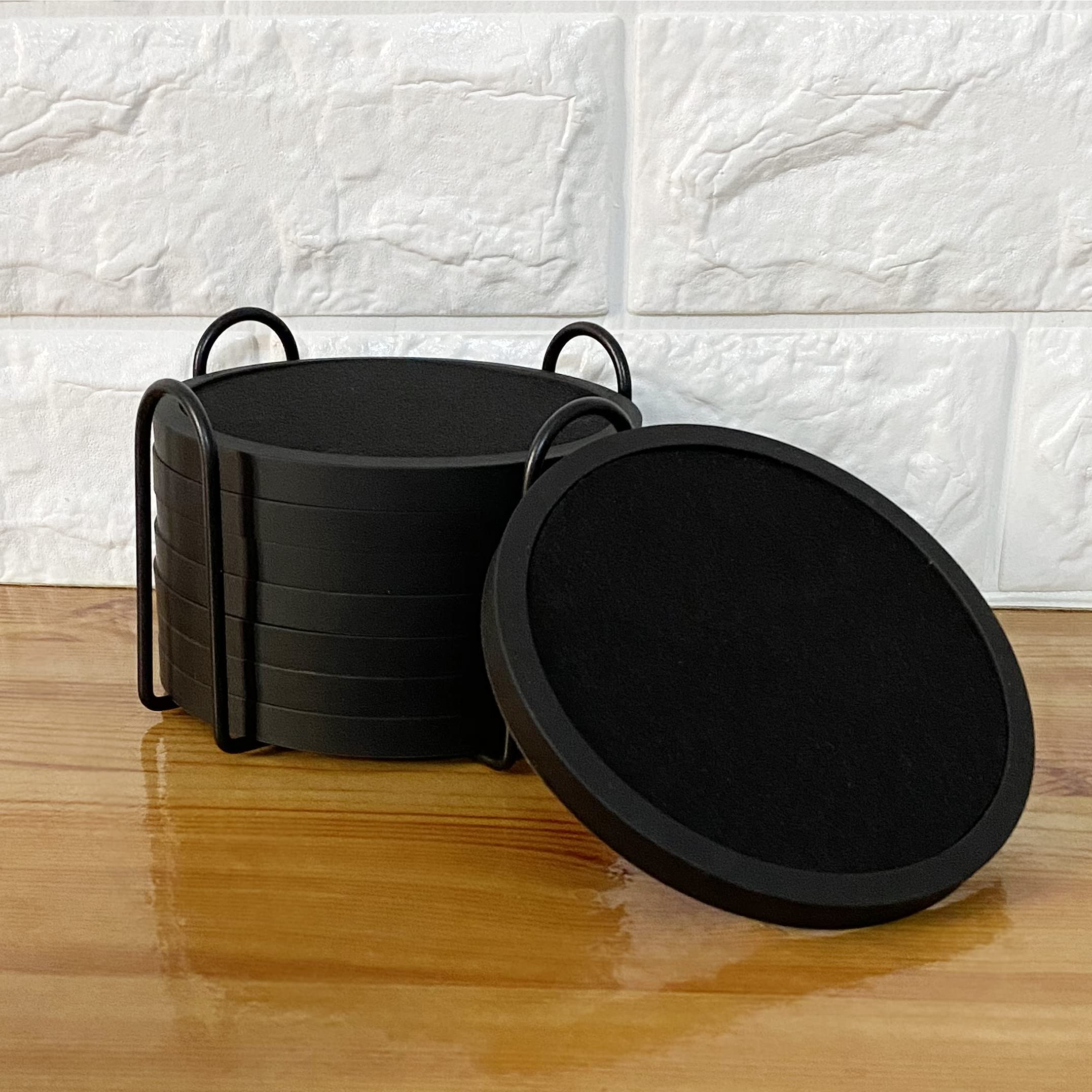 Mecowon Absorbent Coasters For Drinks With Holder, 8 Pieces Silicone Coasters With Soft Felt Insert, Black