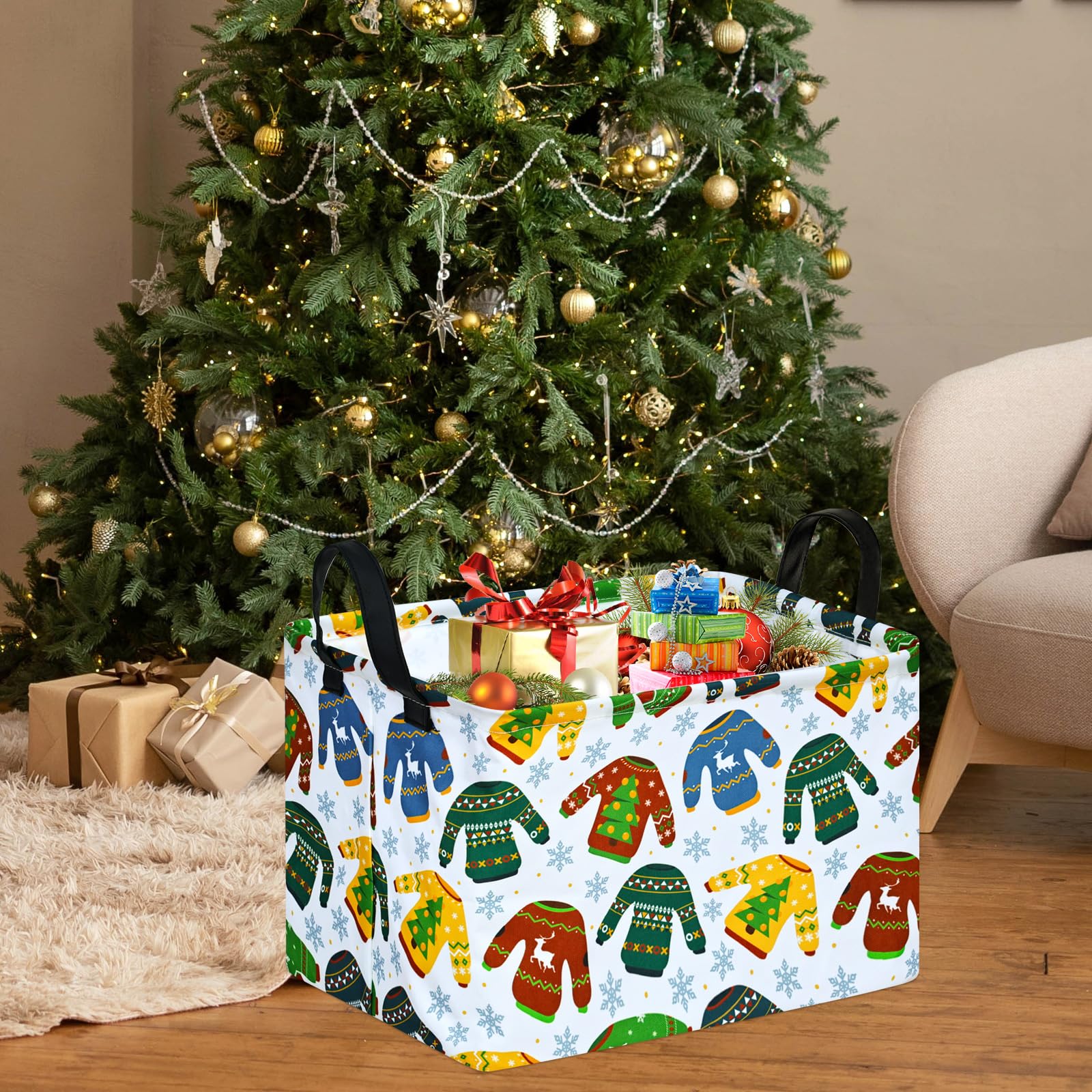 MAIZMZ Christmas Empty Storage Basket,Baby Gifts Basket Santa Snow Sweater kids Hamper Collapsible Nursery Hamper Waterproof Clo
