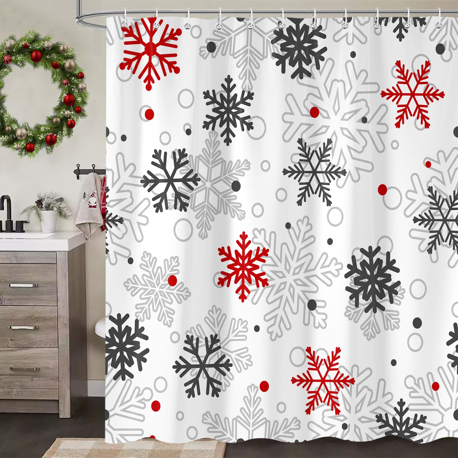 Paopoed Winter Snowflake Shower Curtain, Red Christmas Merry Xmas Funny Outside Hoilday Pattern Bathroom Decor, Waterproof Cloth