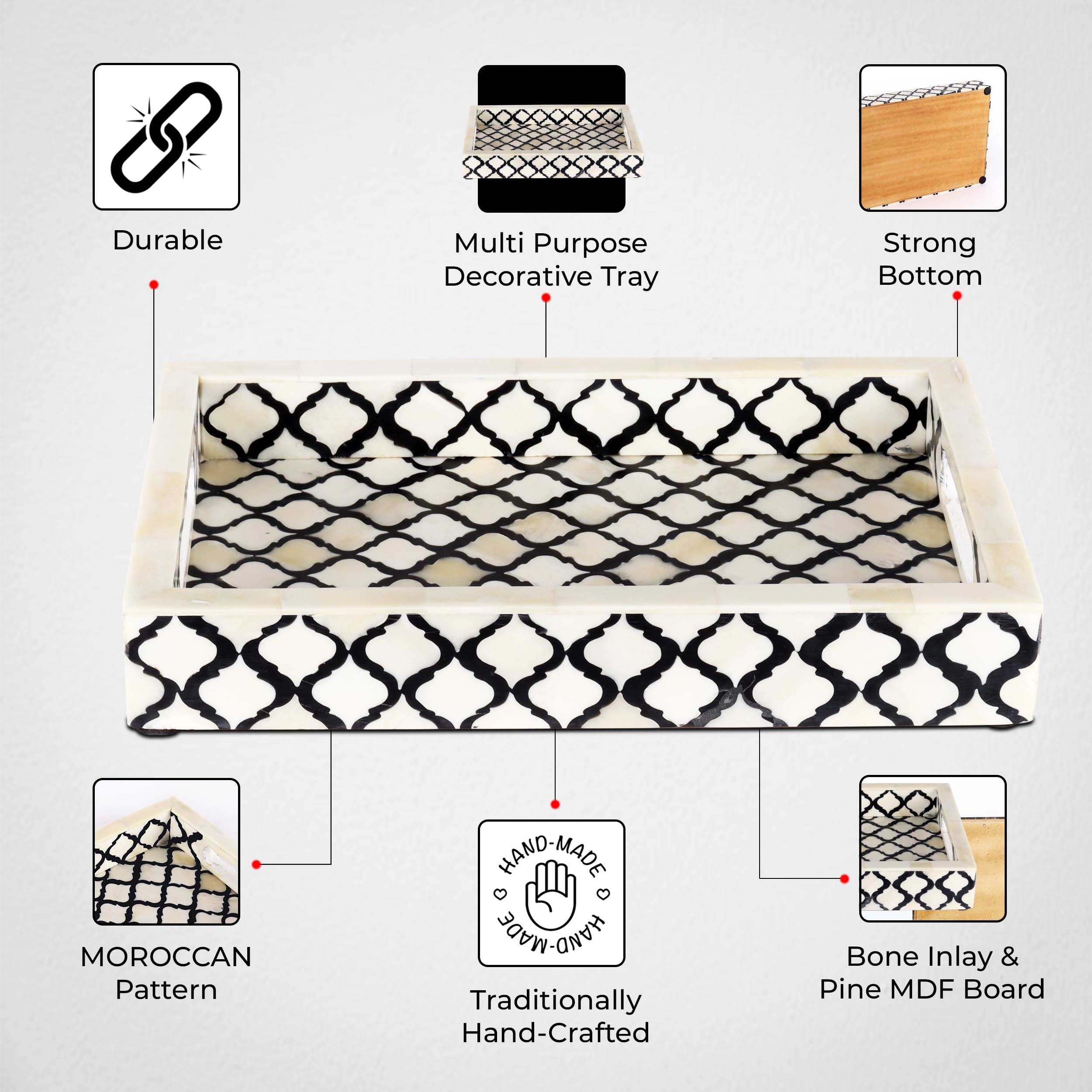 Handicrafts Home Moroccan Pattern Inspired Decorative Trays 12X8 - Chic Black & White Centerpiece, Versatile Ottoman Tray For Mo