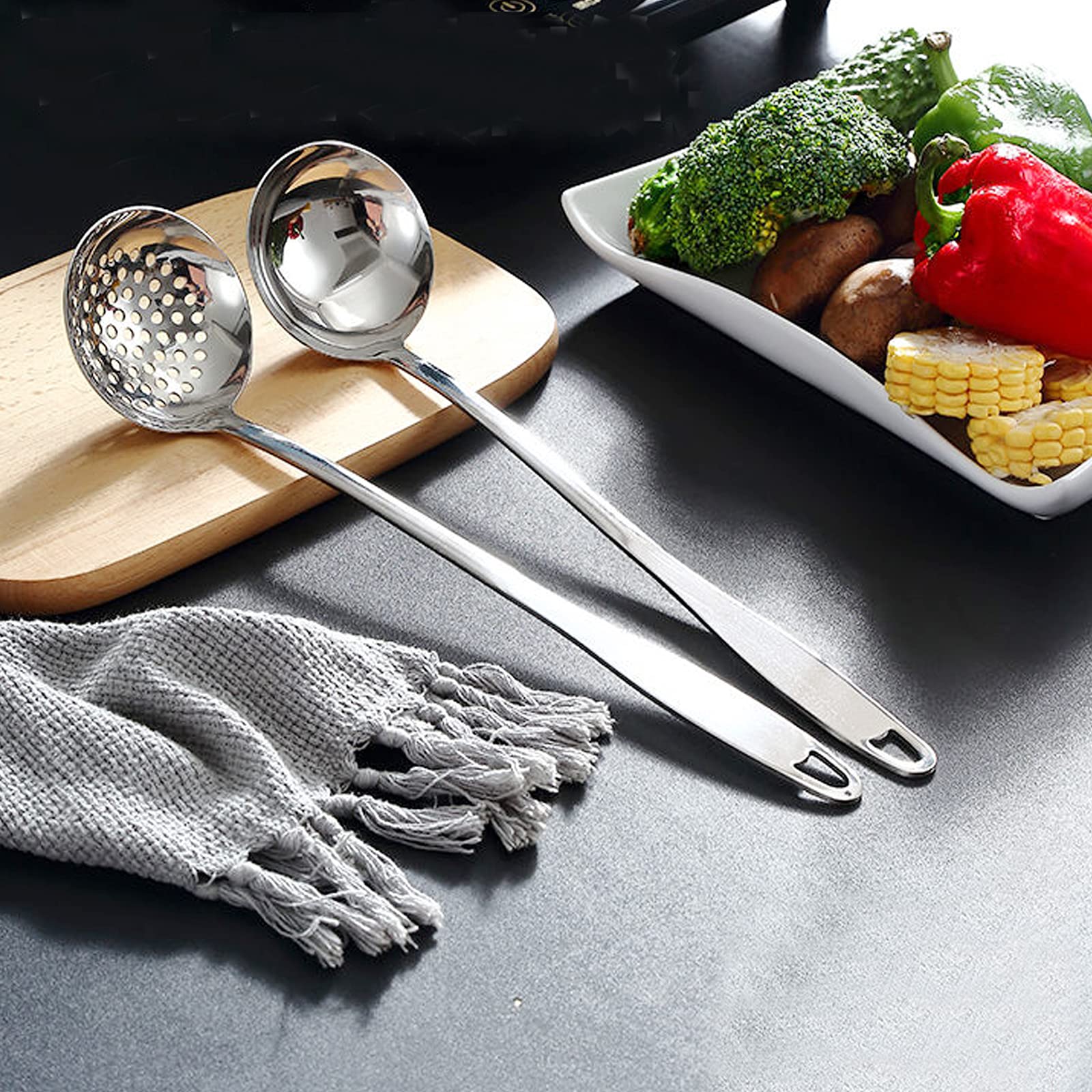 iPstyle Stainless Steel Soup Spoon Set - Heavy Duty 12" Ladle with Mirror Finish - Perfect for Hotpot and Serving Soup (2PCS)