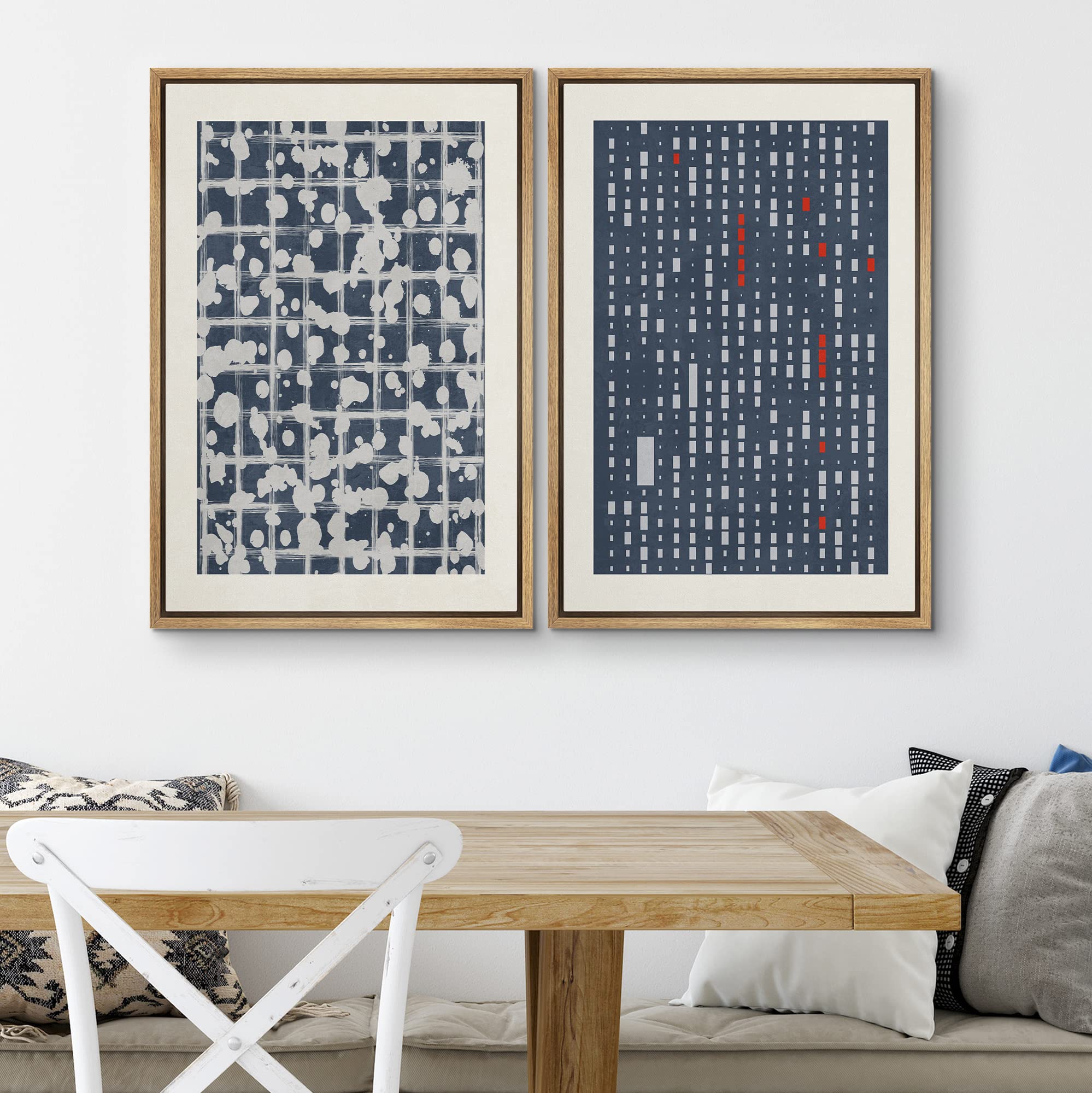 SIGNWIN Framed Canvas Print Wall Art Set Mid-Century Geometric Retro Grid Landscape Abstract Shapes Illustrations Minimal Decorative Bohemian for Living Room  Bedroom  Office - 16''x24''x2 Natural