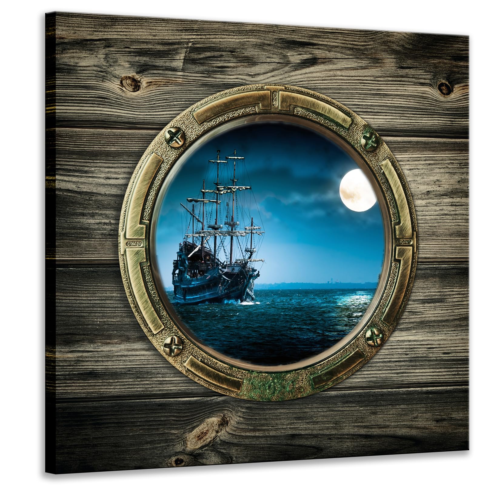 Biuteawal - Full Moon Night Ocean Window View Canvas Wall Art Sailing Boat Picture Seascape Painting Prints Contemporary Artwork