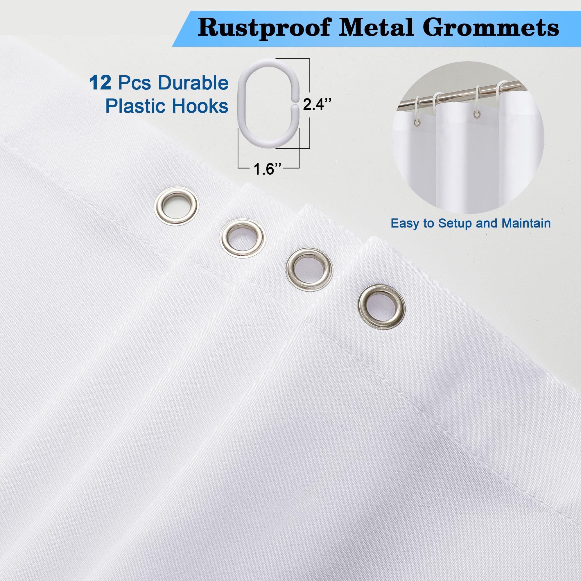 Ovzme Zora 78 Inch Shower Curtain Set With 12 Plastic Hooks, Plain Fabric White Shower Curtain For Bathroom - Long Shower Curtai