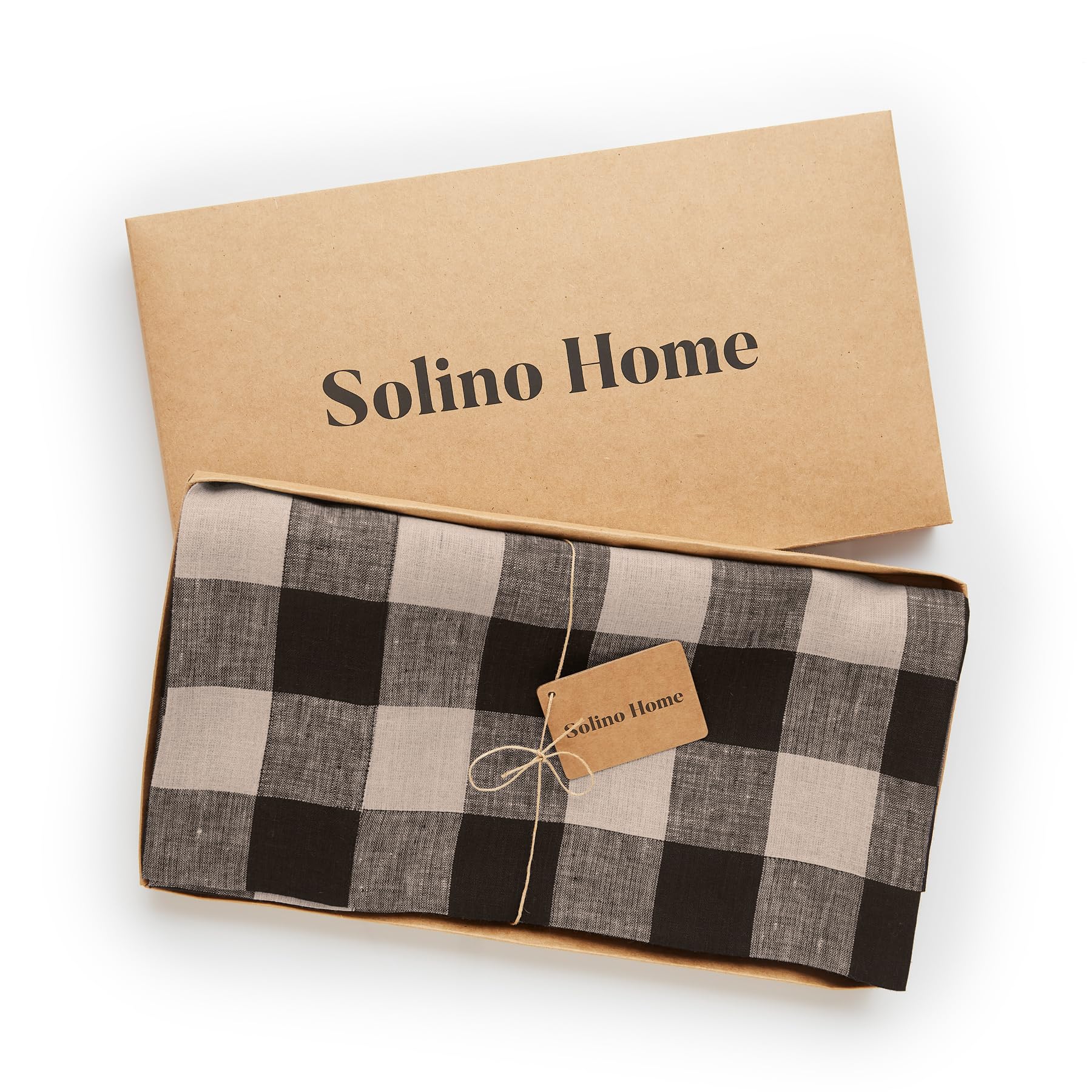Solino Home Buffalo Check Linen Tablecloth 120 '' L X 60 '' W Inch - 100% Pure Linen Natural And Black Table Cloth For Rectangle