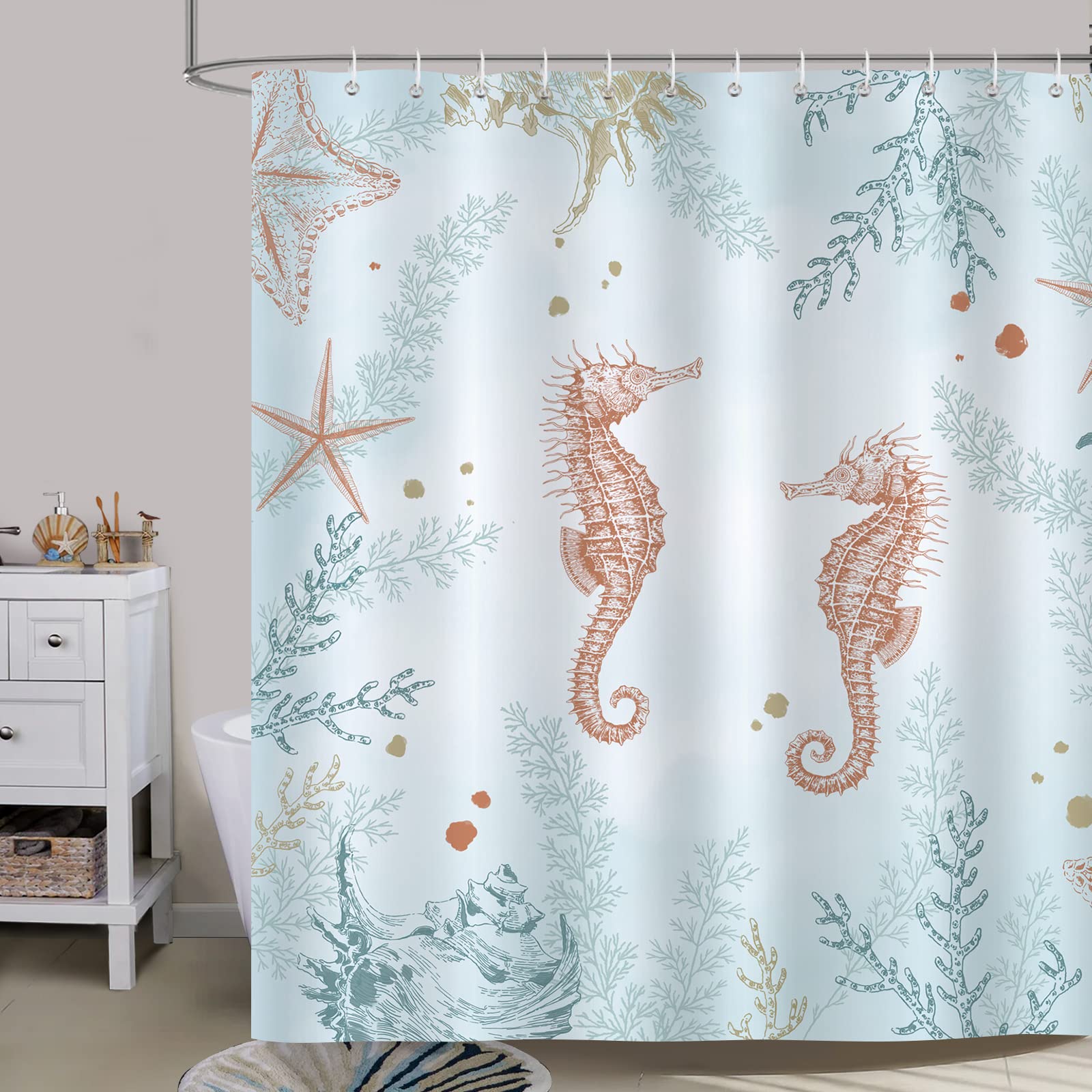 Bonhause Coastal Seahorse Shower Curtain Starfish Coral Beach Ocean Decorative Bath Curtain 72 X 72 Inch Polyester Fabric Machin