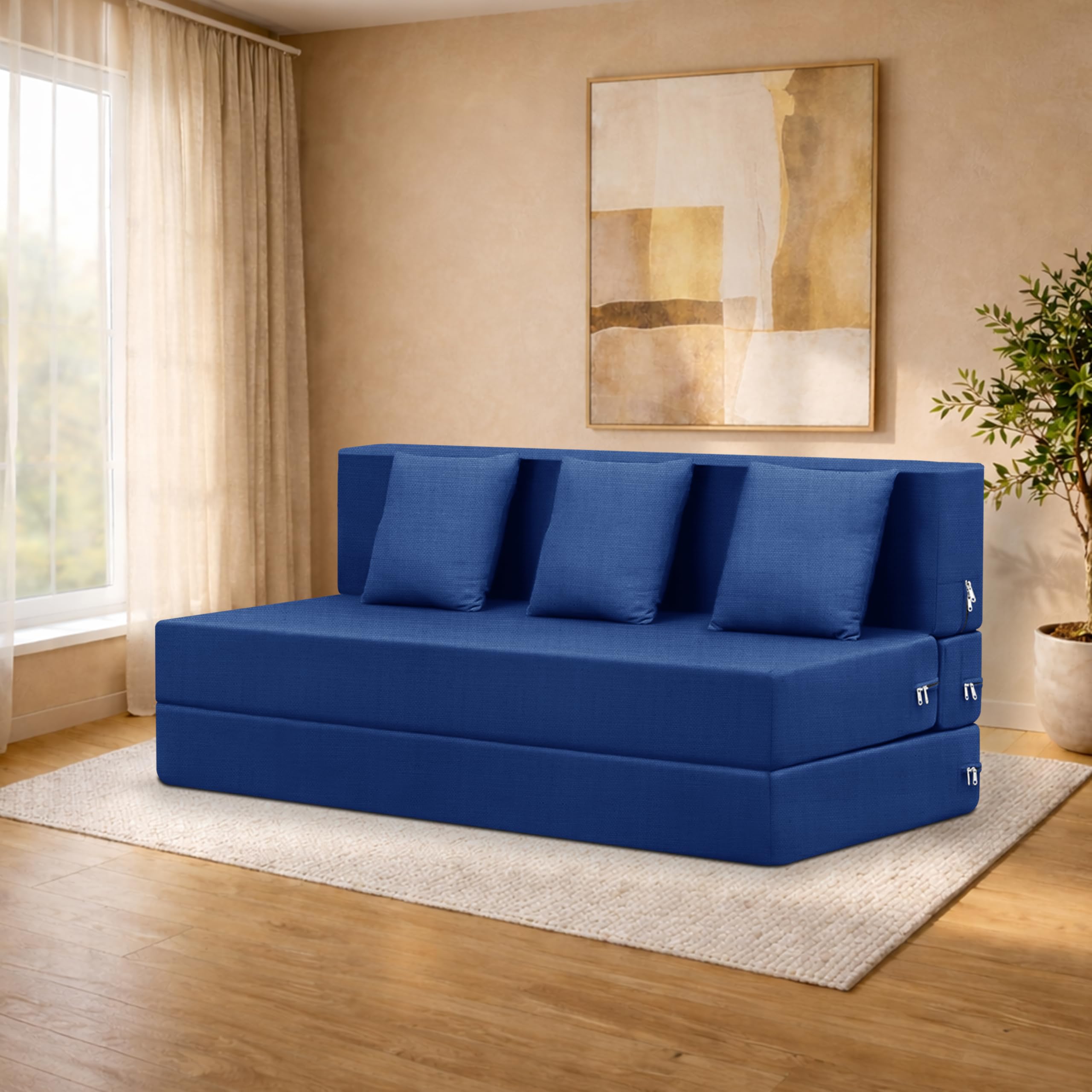 Deco Studio ThreeSeater Sofa Cum Bed Foldable Sofa Cum Bed Washable & Zipper |Jute Finish Fabric  Blue | 5 X 6 Feet