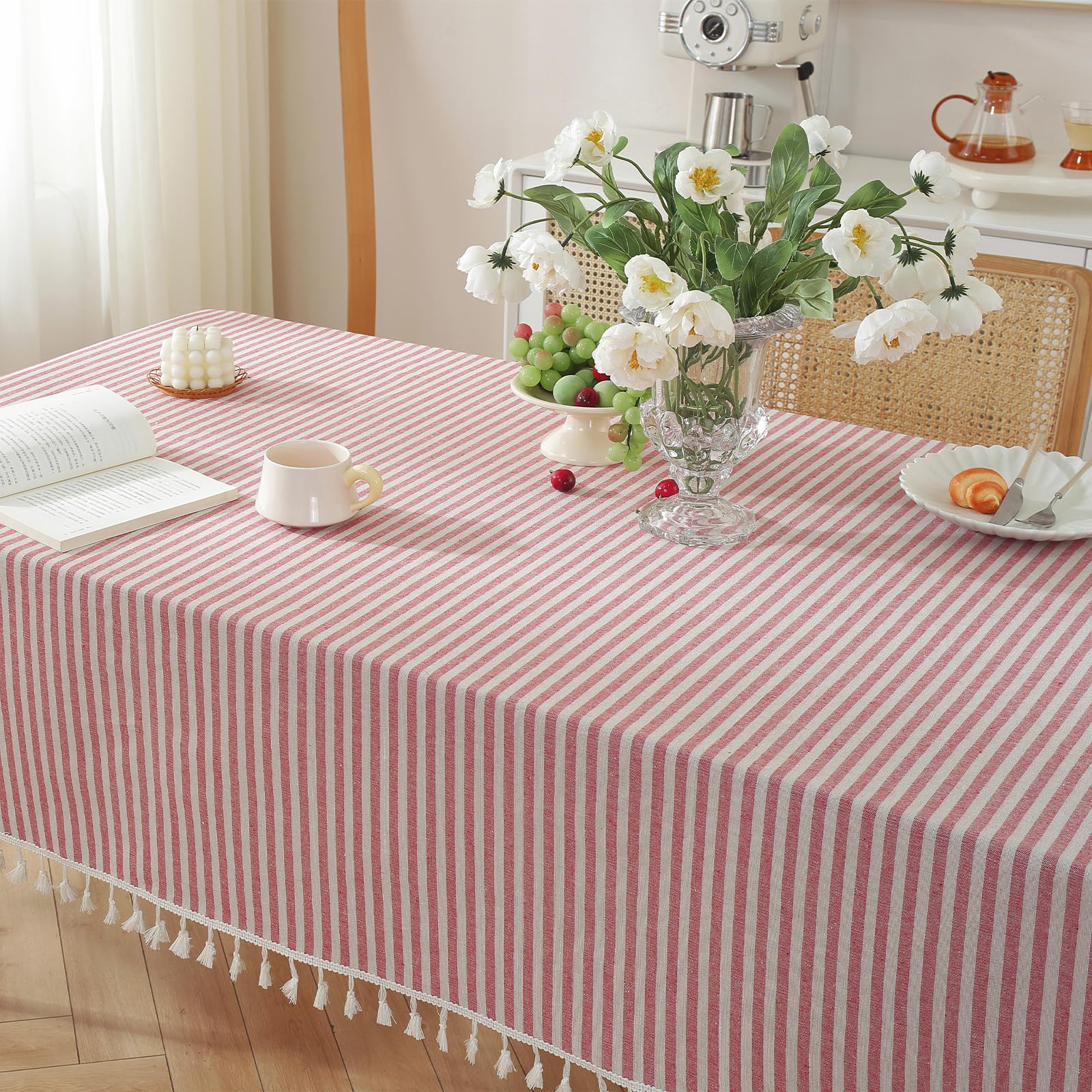 Meioro Table Cloth Red White Striped Tablecloth Tassels Cotton Linen Dust-Proof Table Cover For Dining Coffee Buffet Kitchen Pic