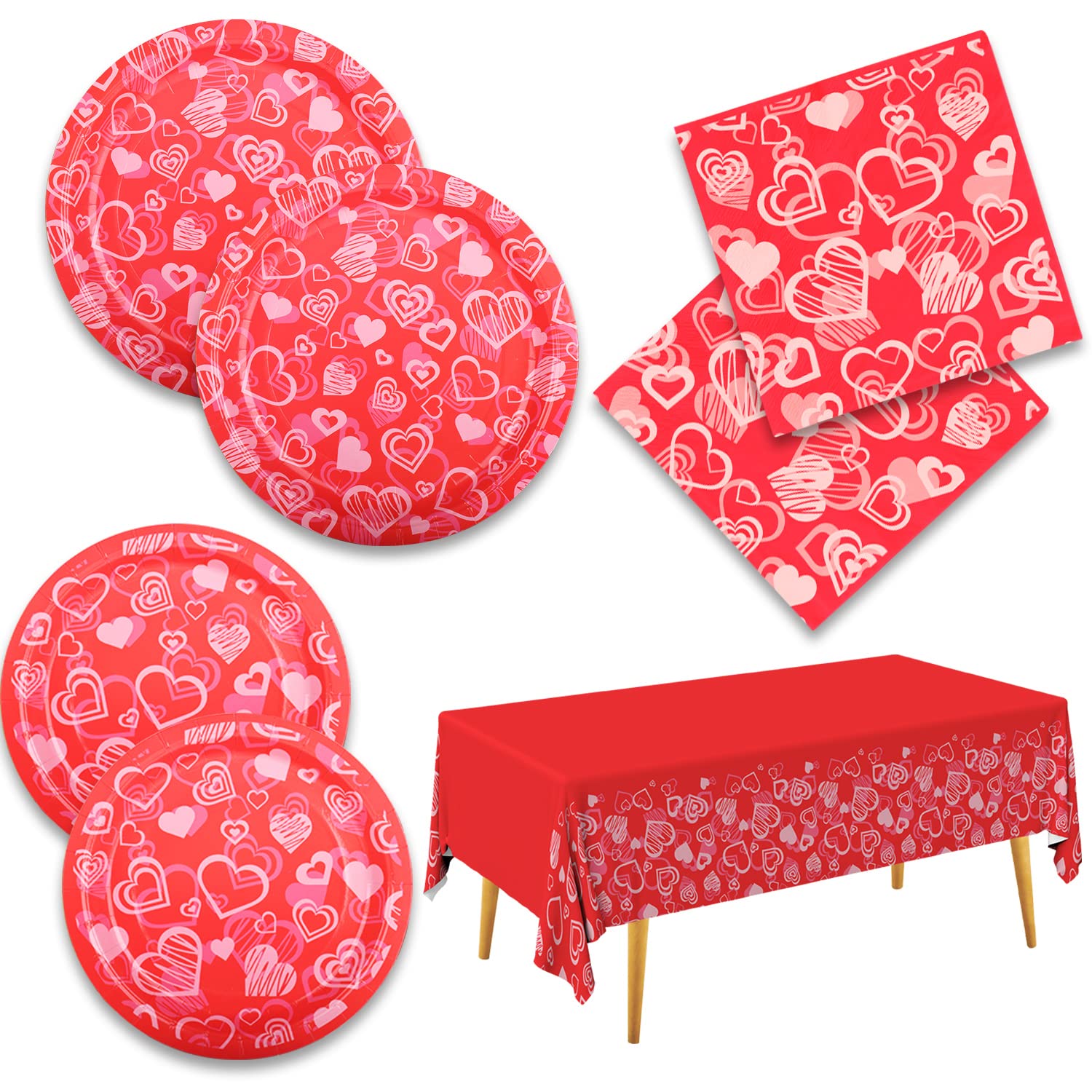 Gatherfun Valentine'S Day Party Supplies Hot Heart Love Disposable Paper Plates Napkins Waterproof Plastic Tablecloth For Valent