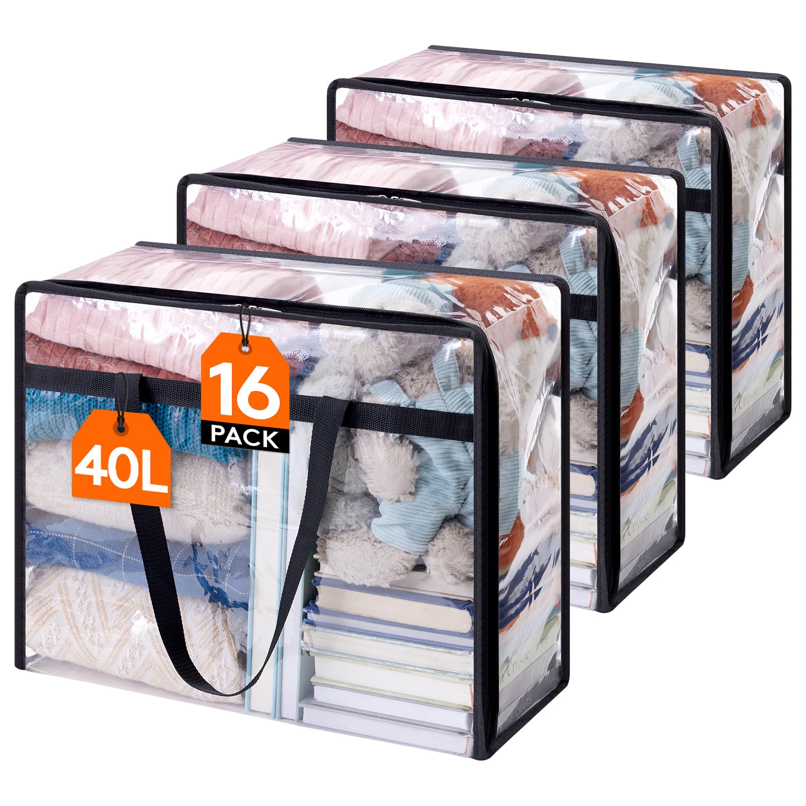 Lifewit 16 Pack Clear Clothes Storage Bags, 40L Plastic Blanket Storage Bag, Vinyl Foldable Moving Bags with Zipper, Closet Orga