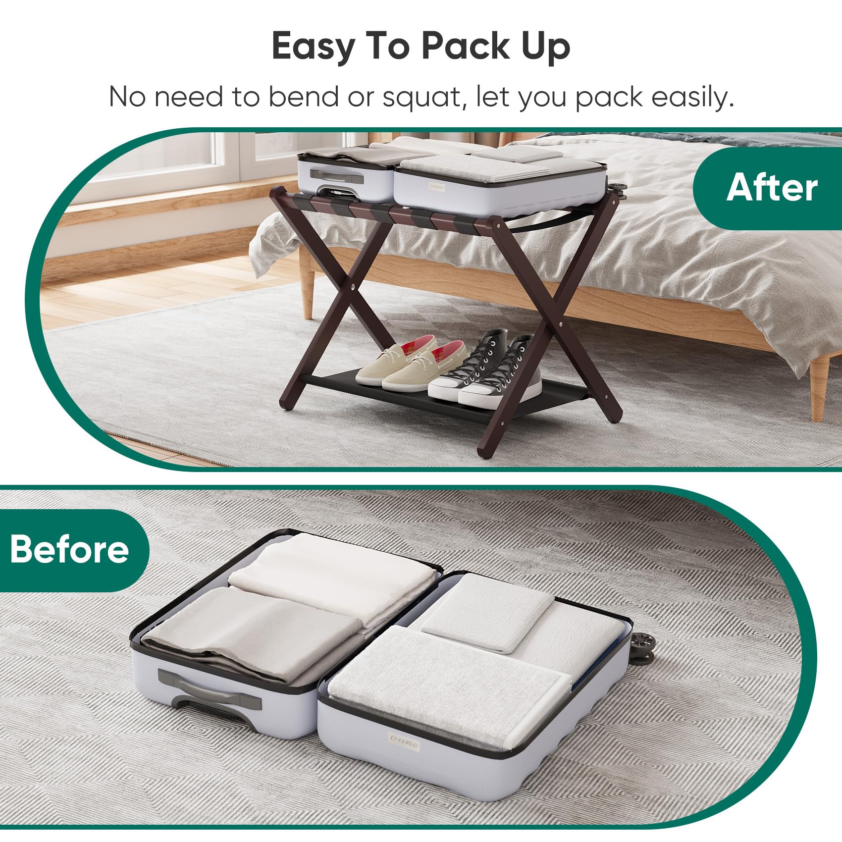 Smuxee Brown Bamboo Luggage Rack Pack Of 2, Foldable Suitcase Stand With Storage Shelf, Easily Assembled Luggage Stand With 5 Ny