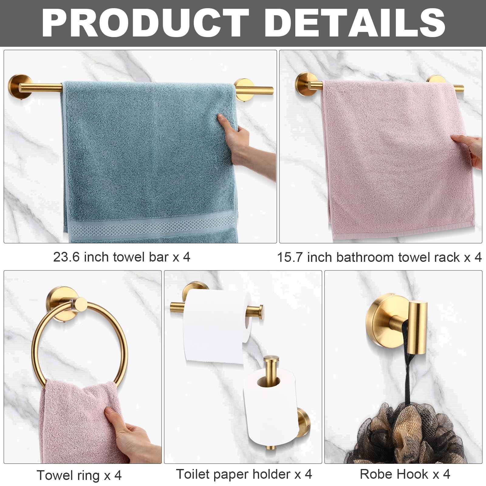 Gisafai 20 Pcs 35 Pcs Bathroom Hardware Set, 23.6 Inch Brushed Towel Bar Ring Toilet Paper Holder Robe Towel Hook, Sus304 Stainl