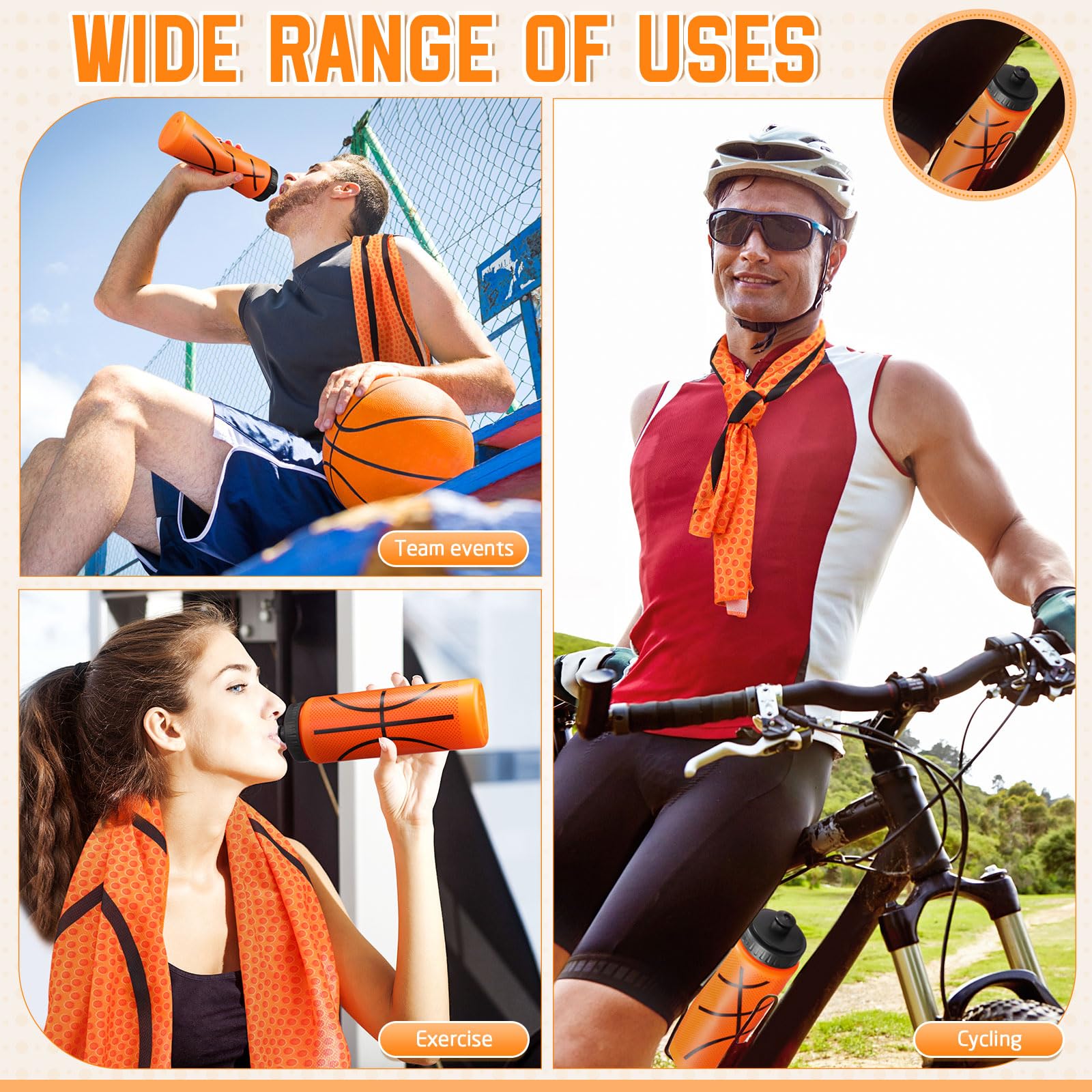 FuWeave 12 Pcs Basketball Water Bottle Basketball Cooling Towel Set with 50 Sticker Sports Party Favors Include 6 Reusable Sport