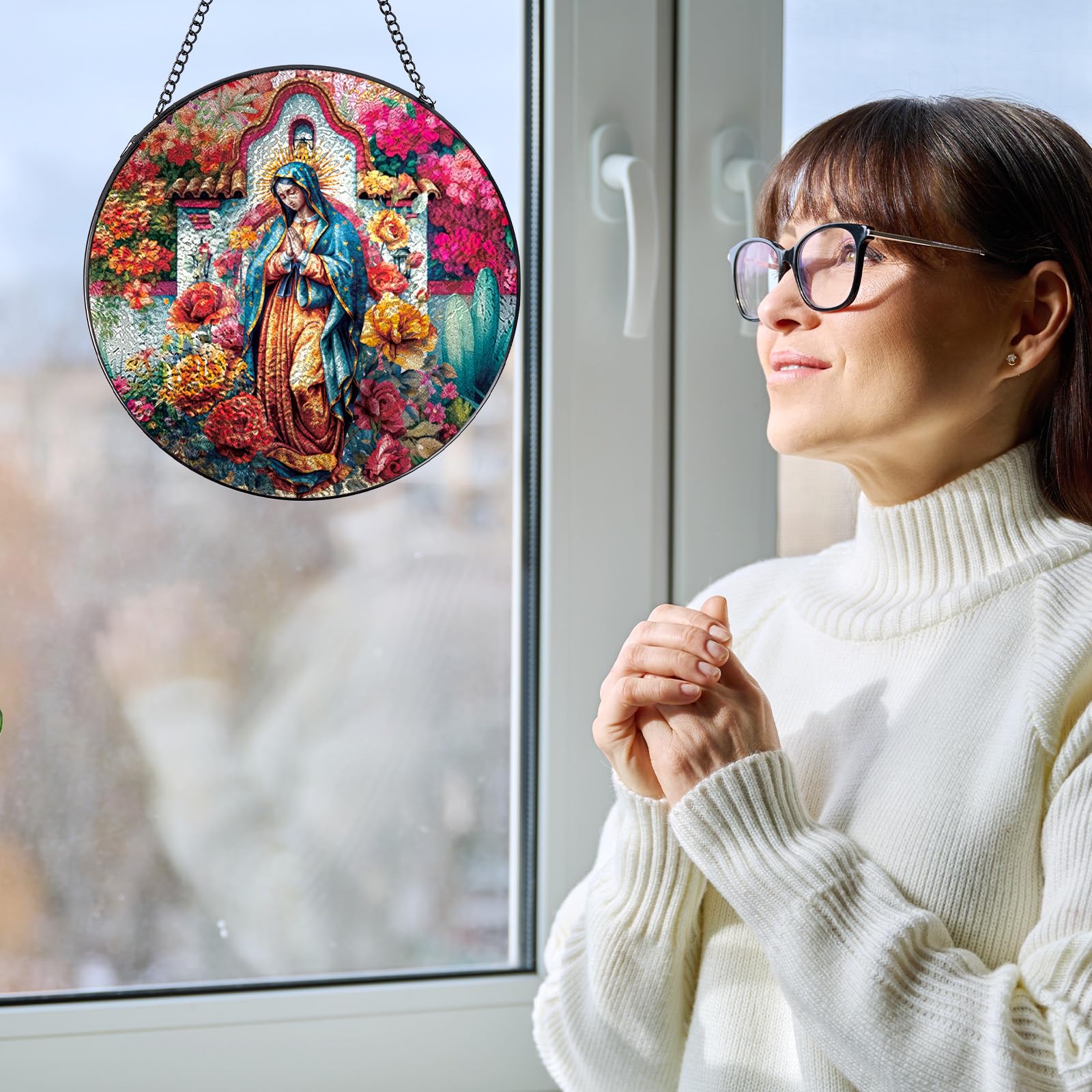 Rngmsi Lady of Guadalupe Stained Glass Window Hanging, 7.8 Sun Catchers Indoor Window Decor